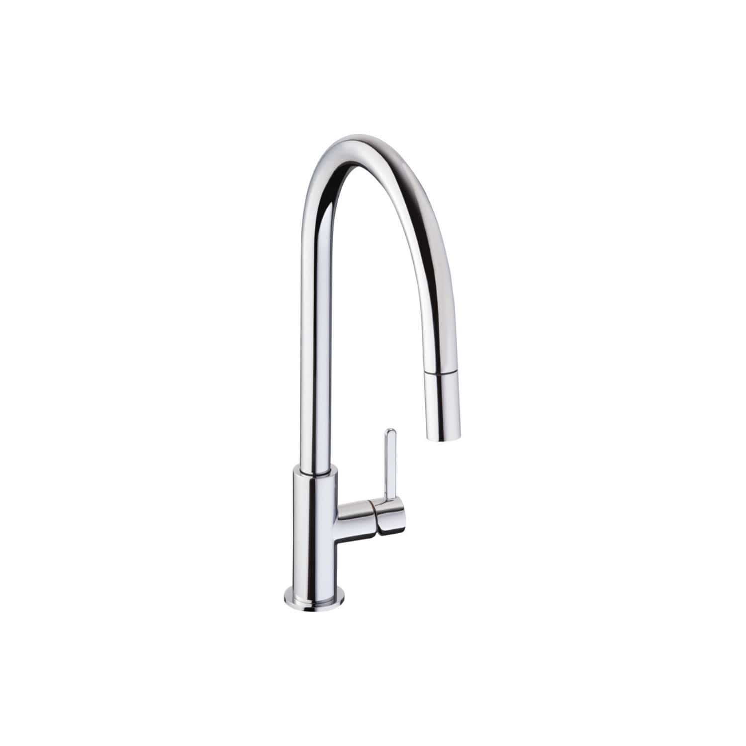 Sleek chrome kitchen tap with high-arc spout, modern design, and single lever for easy temperature and flow control, perfect for contemporary Bubly Bathrooms kitchens.