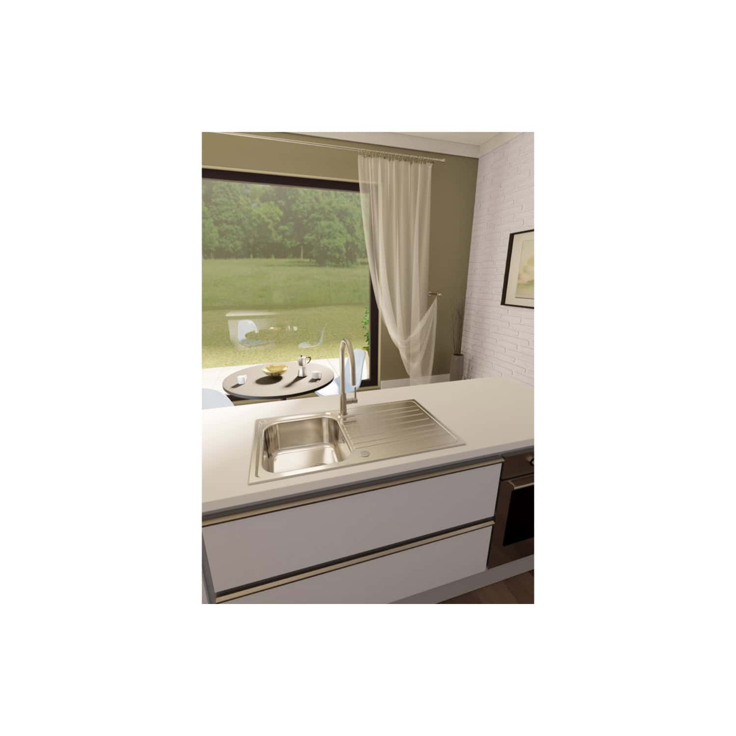 Modern kitchen sink with stainless steel drainer and sleek countertop, set near large window with white curtains, overlooking a lush green garden, in a contemporary bathroom designed by Bubly Bathrooms.