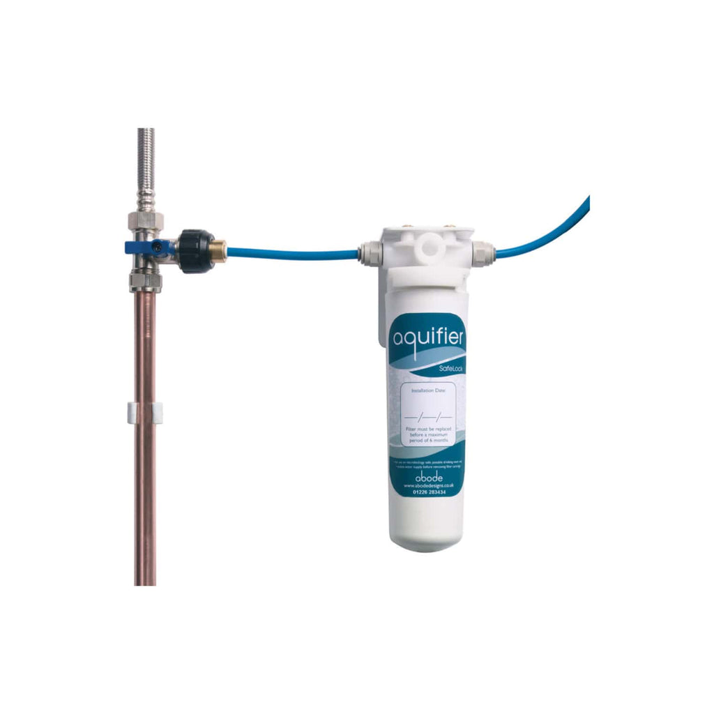 High-quality aquifer water filtration system with blue tubing and white filter unit, installed under bathroom sink for clean, safe drinking water. Suitable for residential bathrooms and kitchens.