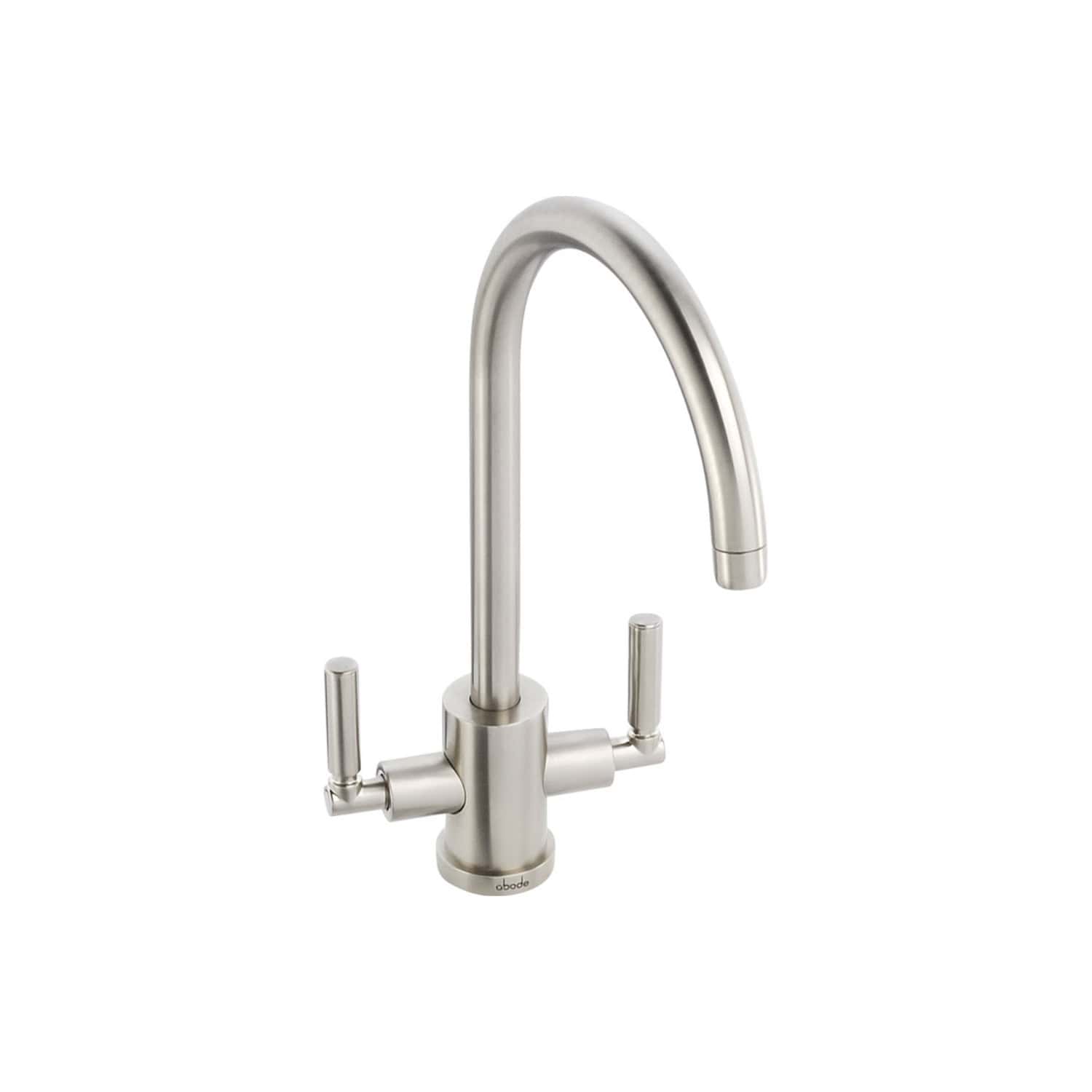Sleek stainless steel kitchen tap with modern design, dual handles, and high-arc spout – perfect for contemporary bathrooms and kitchens. Durable and stylish fixture by Bubly Bathrooms.
