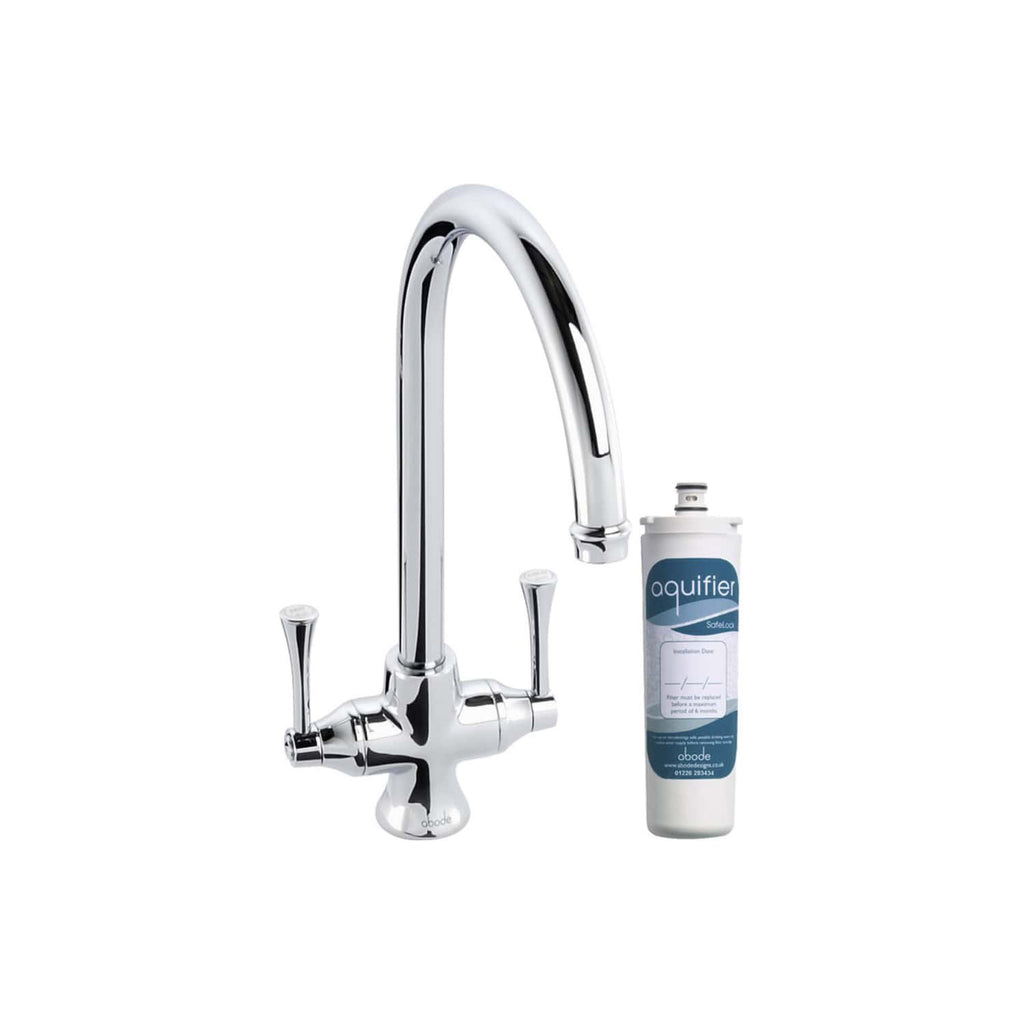 Shiny chrome kitchen tap with dual lever handles and aquifier water filter attached; ideal for clean, filtered drinking water in modern kitchens.