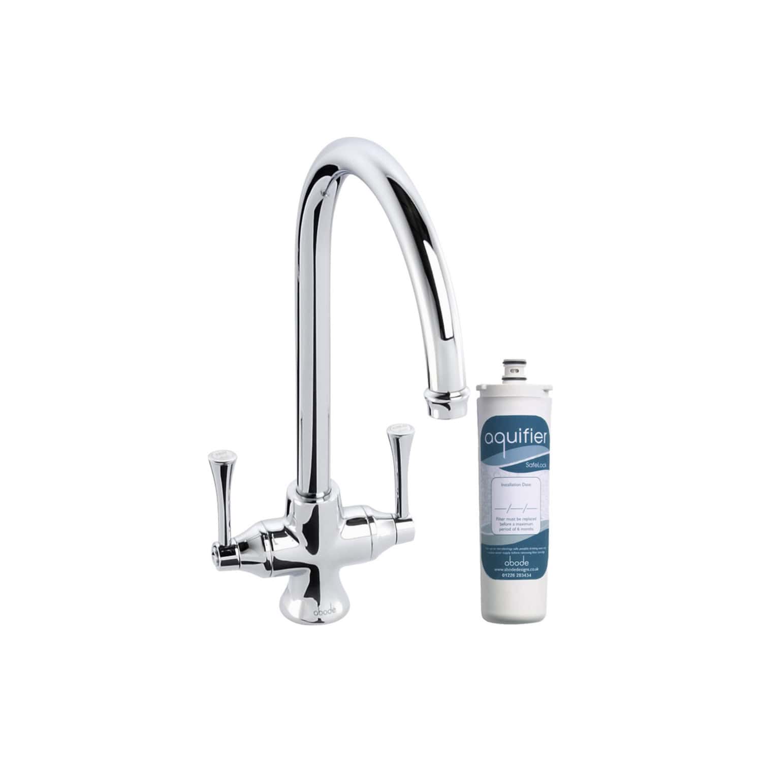 Shiny chrome kitchen tap with dual lever handles and aquifier water filter attached; ideal for clean, filtered drinking water in modern kitchens.