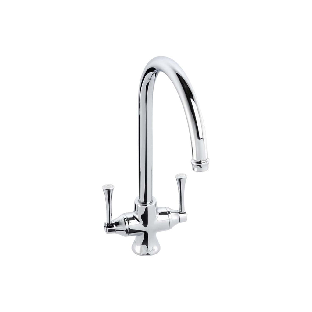 Sleek chrome kitchen tap with dual lever handles, modern design, ideal for contemporary bathroom or kitchen sinks, durable and easy to operate.