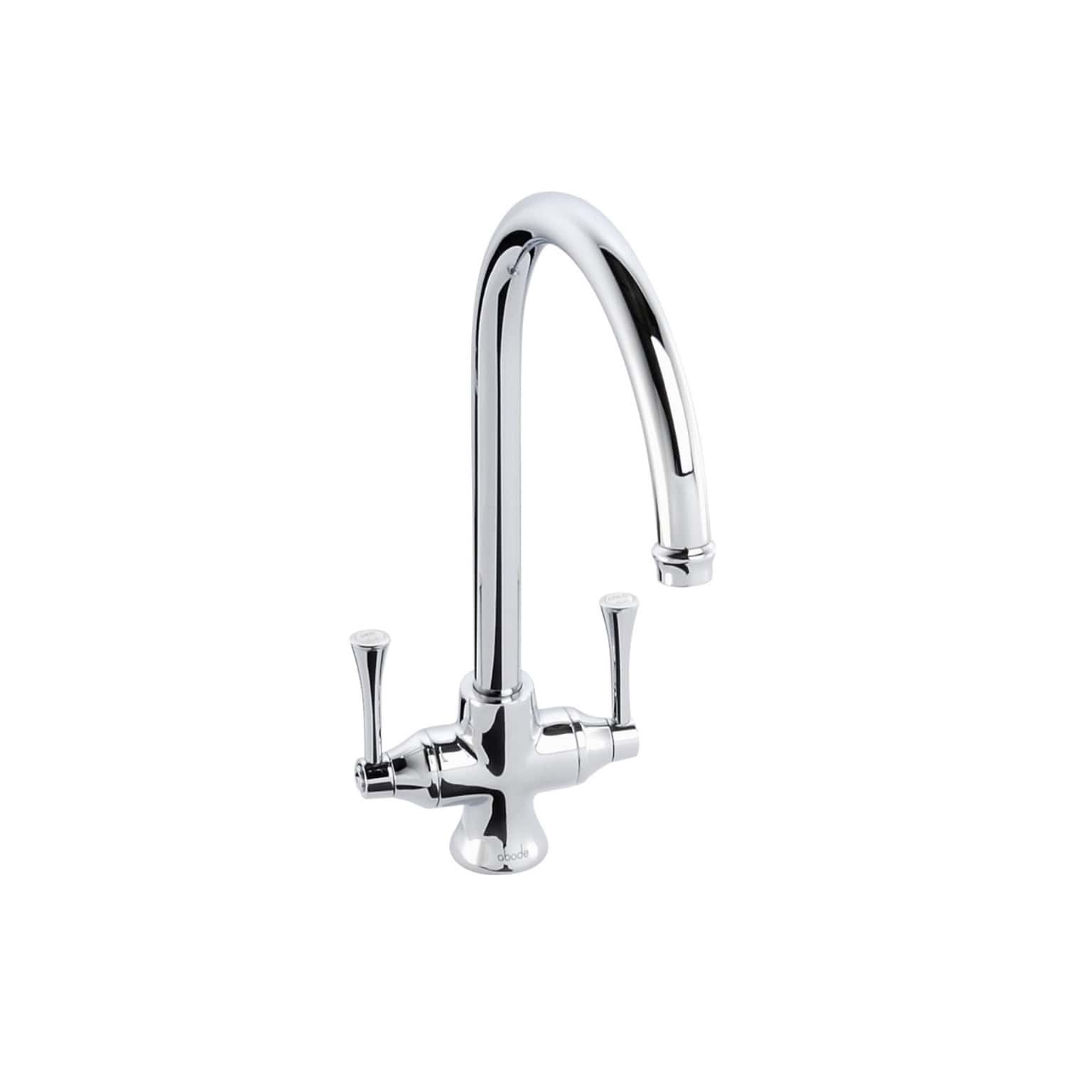 Sleek chrome kitchen tap with dual lever handles, modern design, ideal for contemporary bathroom or kitchen sinks, durable and easy to operate.