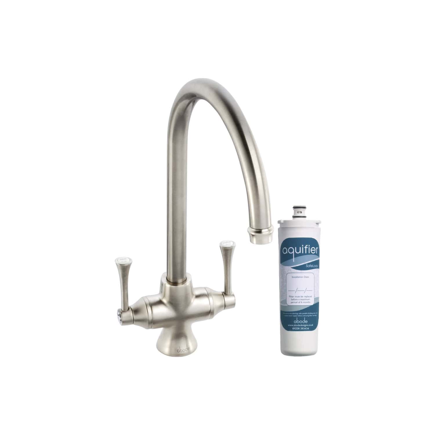 Stainless steel kitchen tap with Aquifer water filter cartridge for clean drinking water. Modern, durable design for efficient water filtration in your kitchen setup.