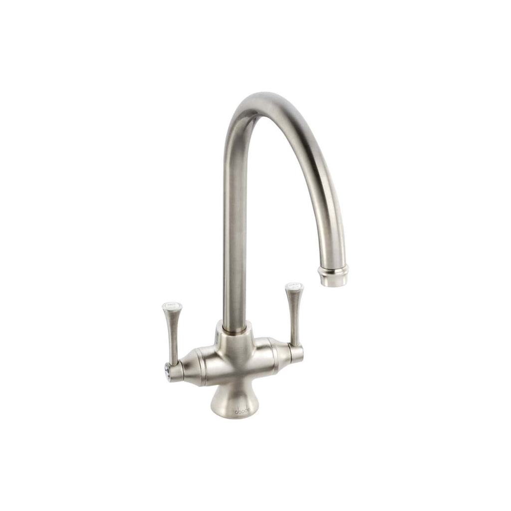 Stainless steel kitchen sink tap with dual lever handles and high-arc spout, ideal for modern bathrooms and kitchens, offering durable and stylish water solutions.