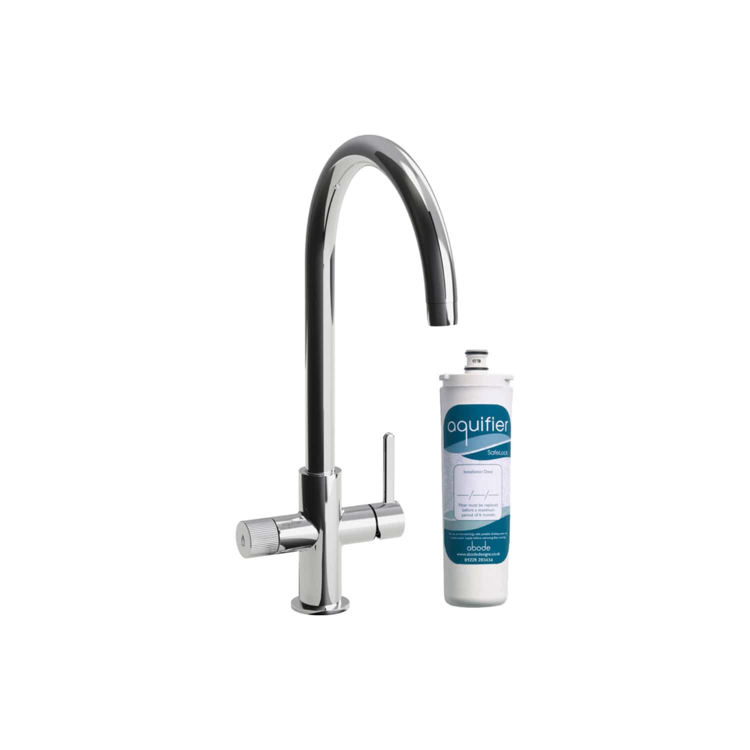 Filter tap with Aquifer water filtration system for filtered drinking water at Bubly Bathrooms, featuring a sleek chrome design and easy-to-install water filter attachment.