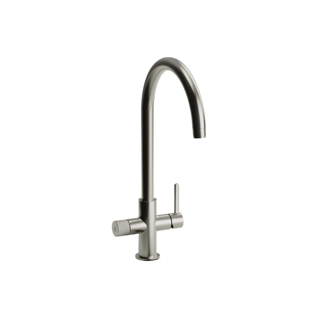 Sleek stainless steel kitchen or bathroom tap with a high-arc spout and modern design, perfect for contemporary kitchens and bathrooms. Durable and easy to operate, ideal for premium plumbing installations.