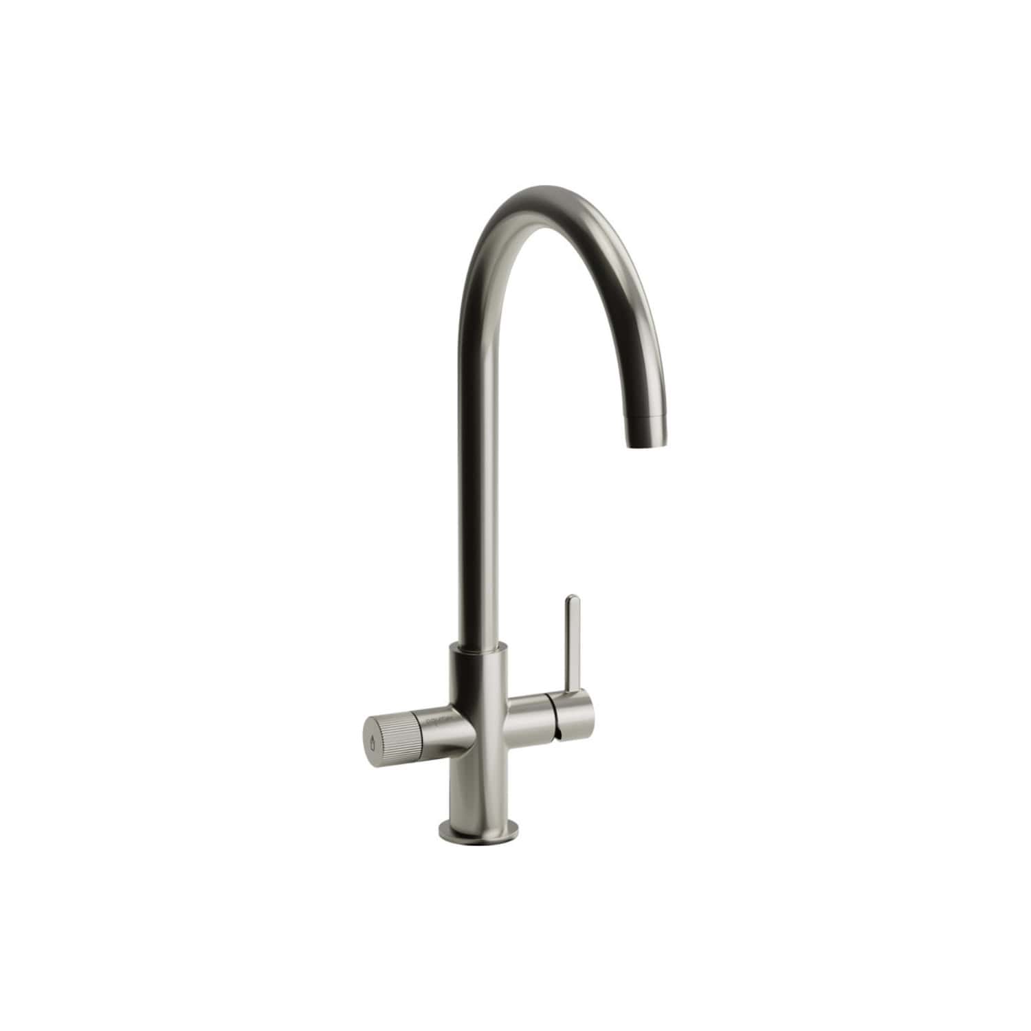 Sleek stainless steel kitchen or bathroom tap with a high-arc spout and modern design, perfect for contemporary kitchens and bathrooms. Durable and easy to operate, ideal for premium plumbing installations.