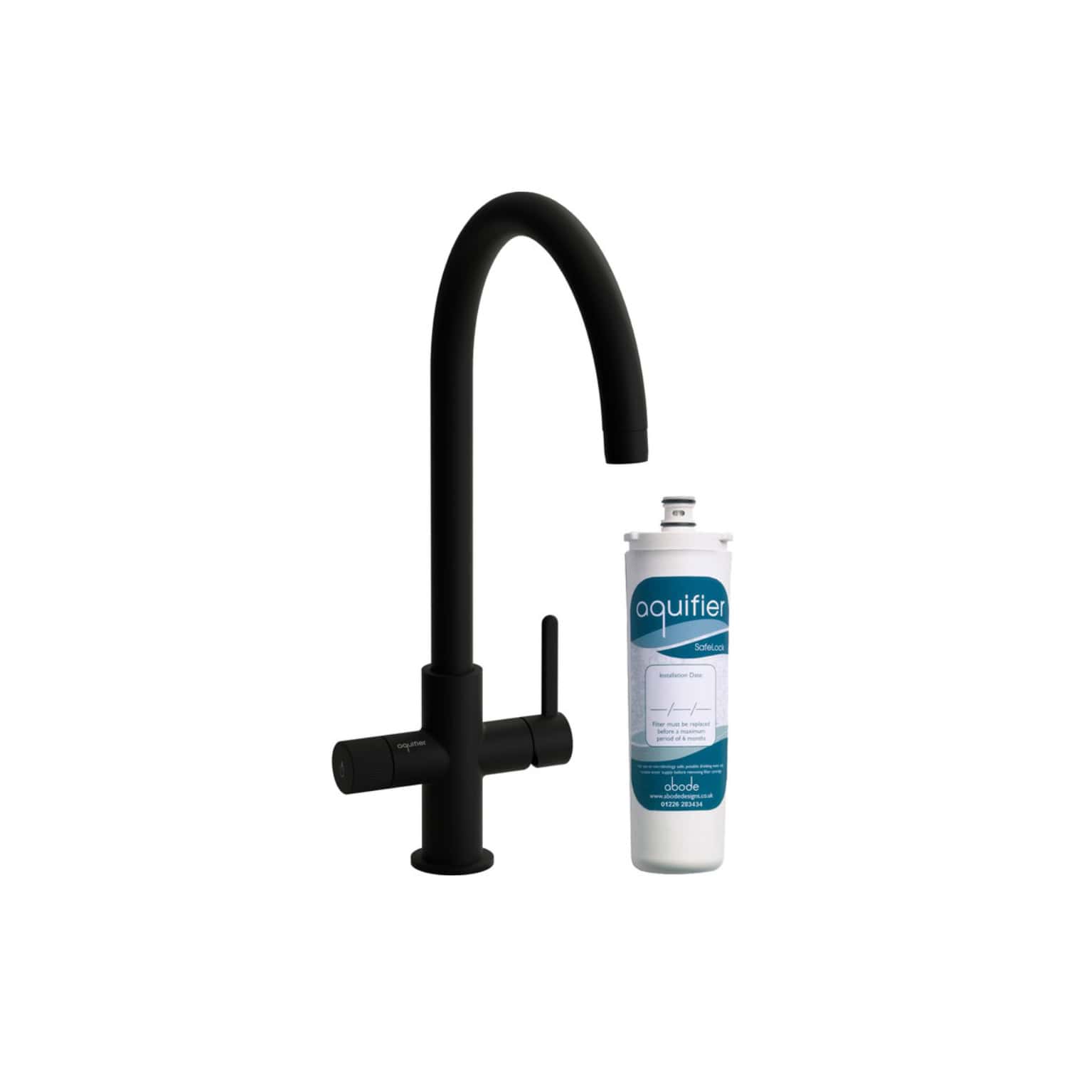 Sleek black kitchen tap with built-in filtration system and Aquifer water filter cartridge for clean, refreshing drinking water in modern bathrooms and kitchens.