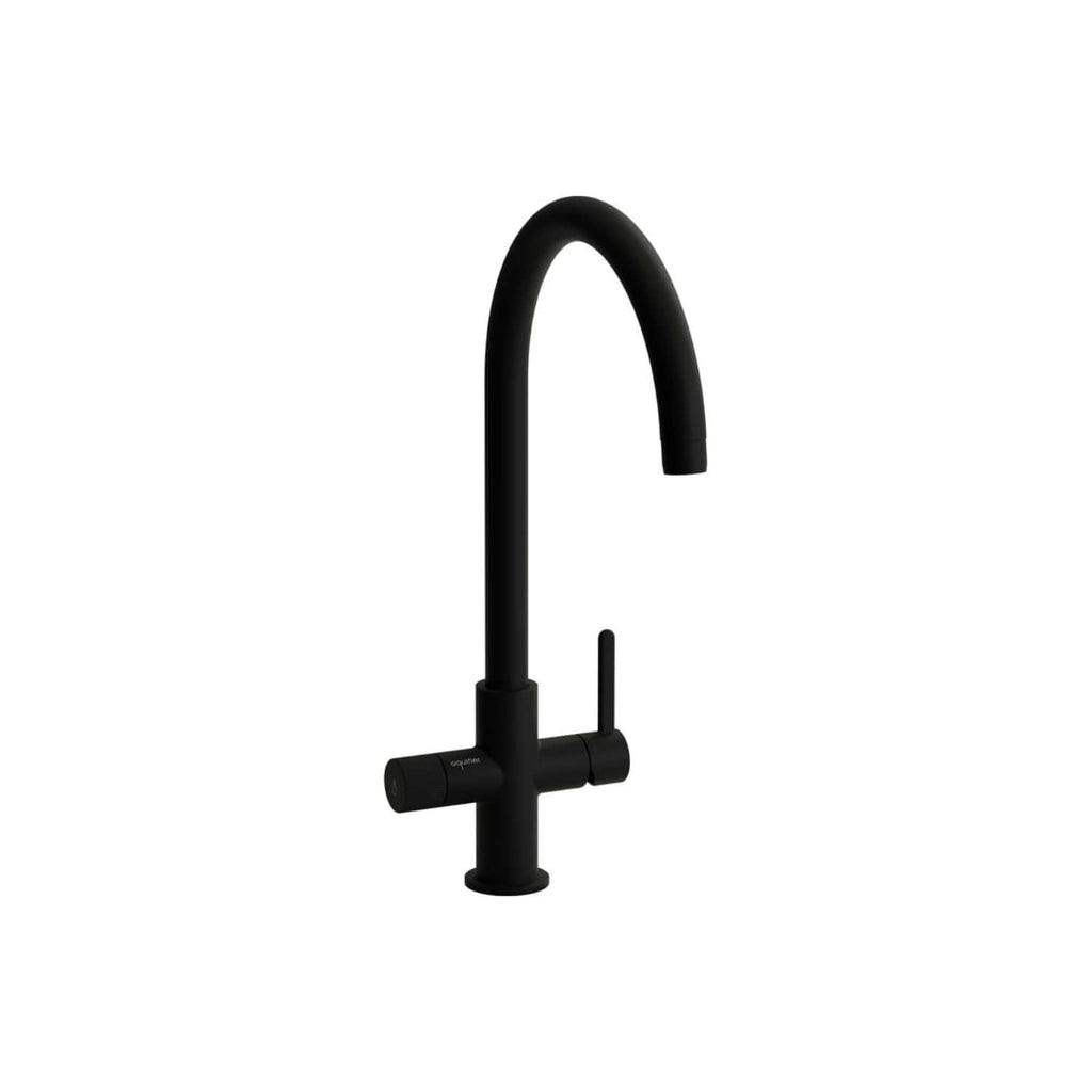 Sleek black kitchen tap with matte finish, modern high-arc spout and single lever control for stylish and functional bathroom or kitchen sink fitting.