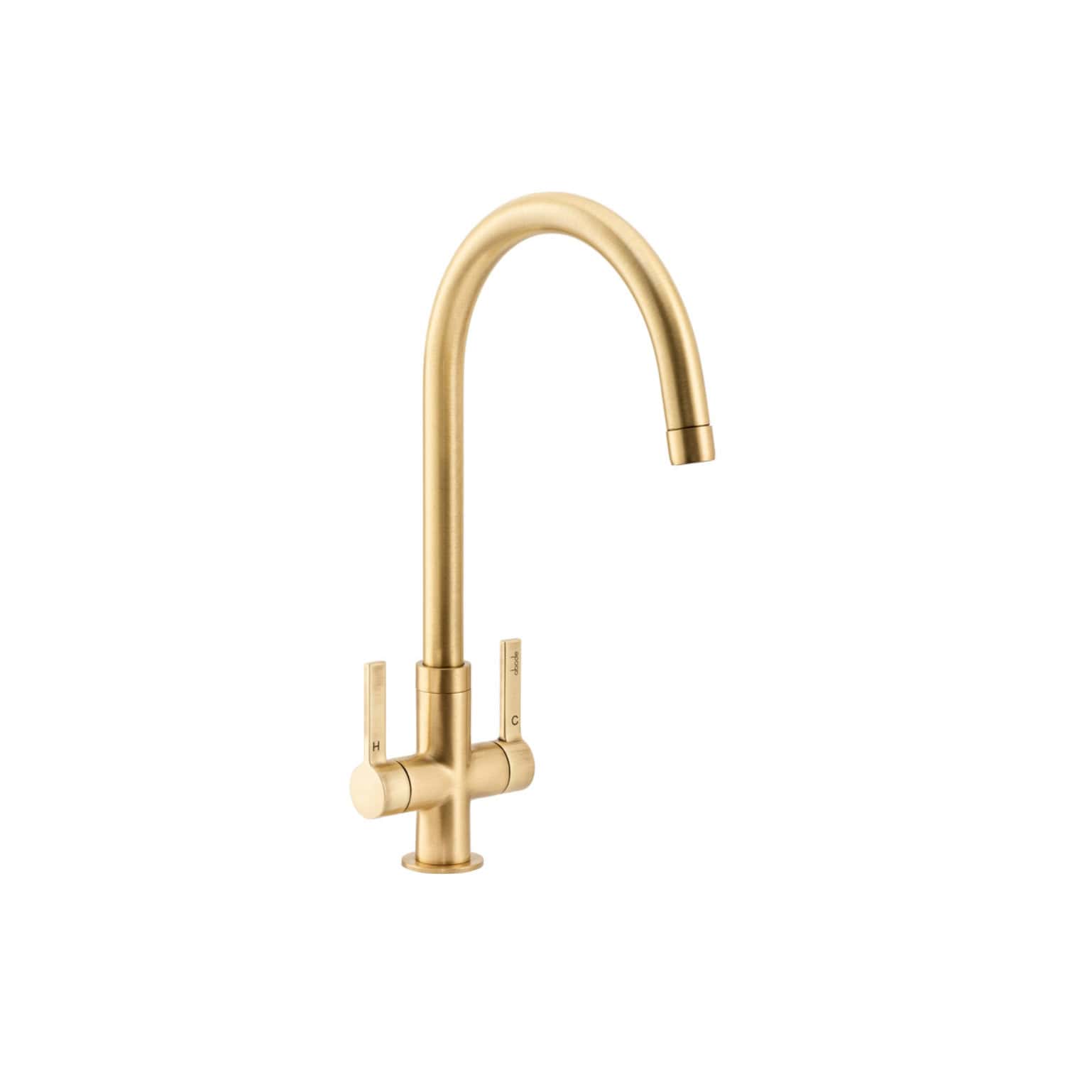 Sleek gold kitchen tap with high arch spout and dual lever handles, ideal for modern bathroom and kitchen designs. Durable, stylish, and perfect for contemporary interiors.