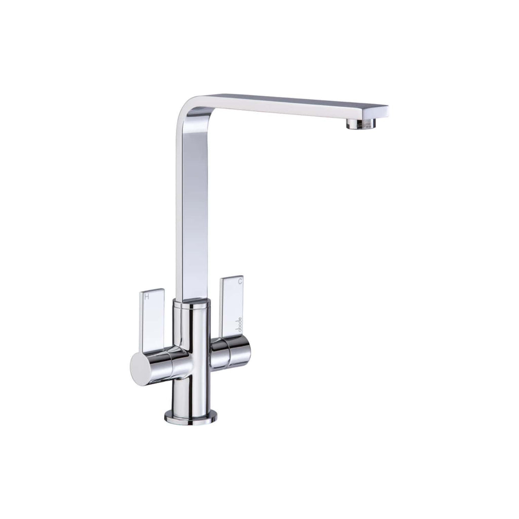 Modern chrome kitchen mixer tap with tall spout and lever handles, perfect for contemporary bathrooms and kitchens, offering sleek design and reliable water control.