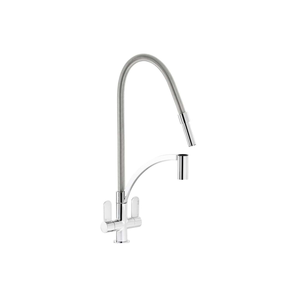 Sleek chrome kitchen tap with pull-out spray and flexible hose, ideal for modern kitchens and bathroom sinks, combining style and functionality for everyday use.
