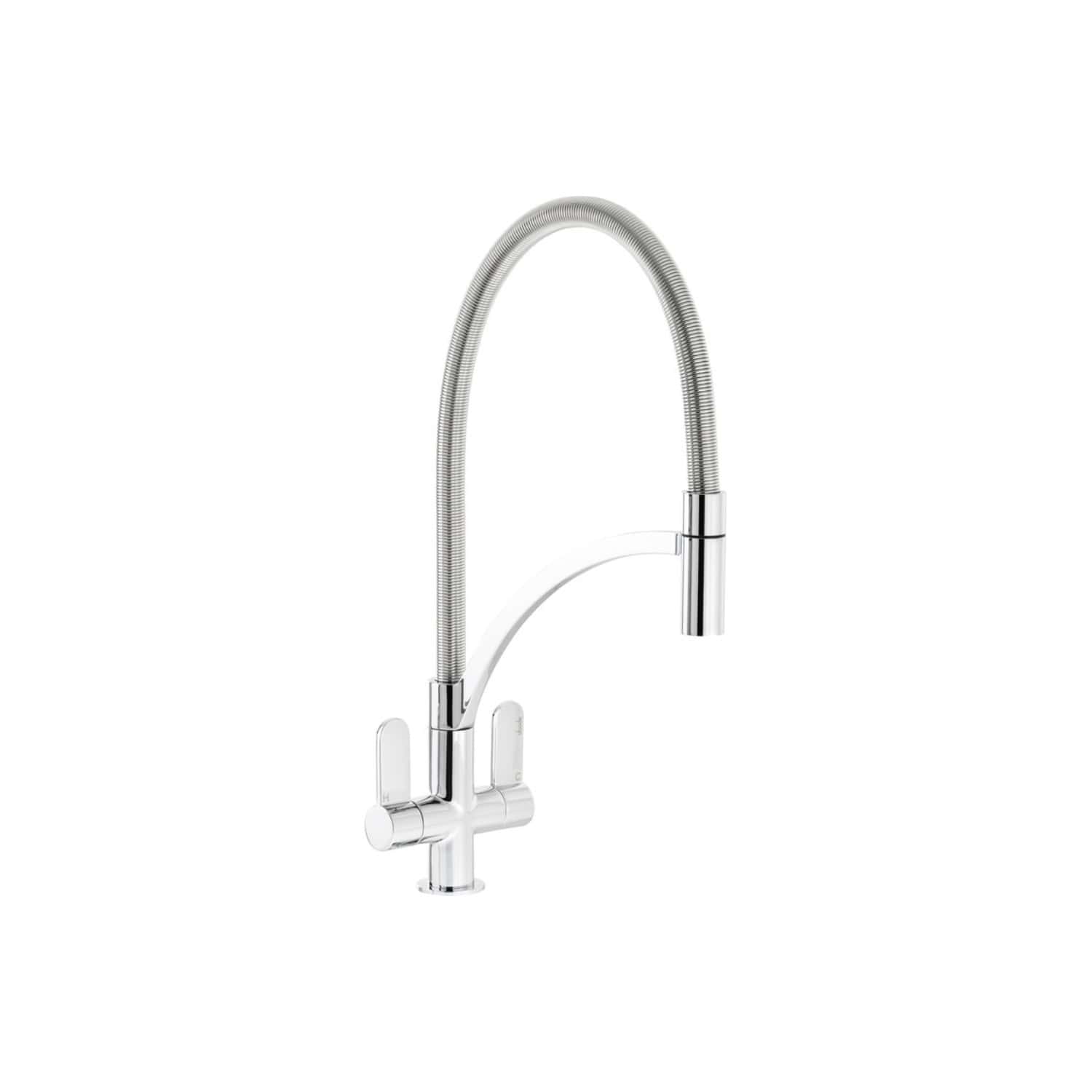 Sleek chrome kitchen tap with flexible stainless steel hose for easy use and modern bathroom or kitchen basin installation. Durable and stylish design by Bubly Bathrooms.