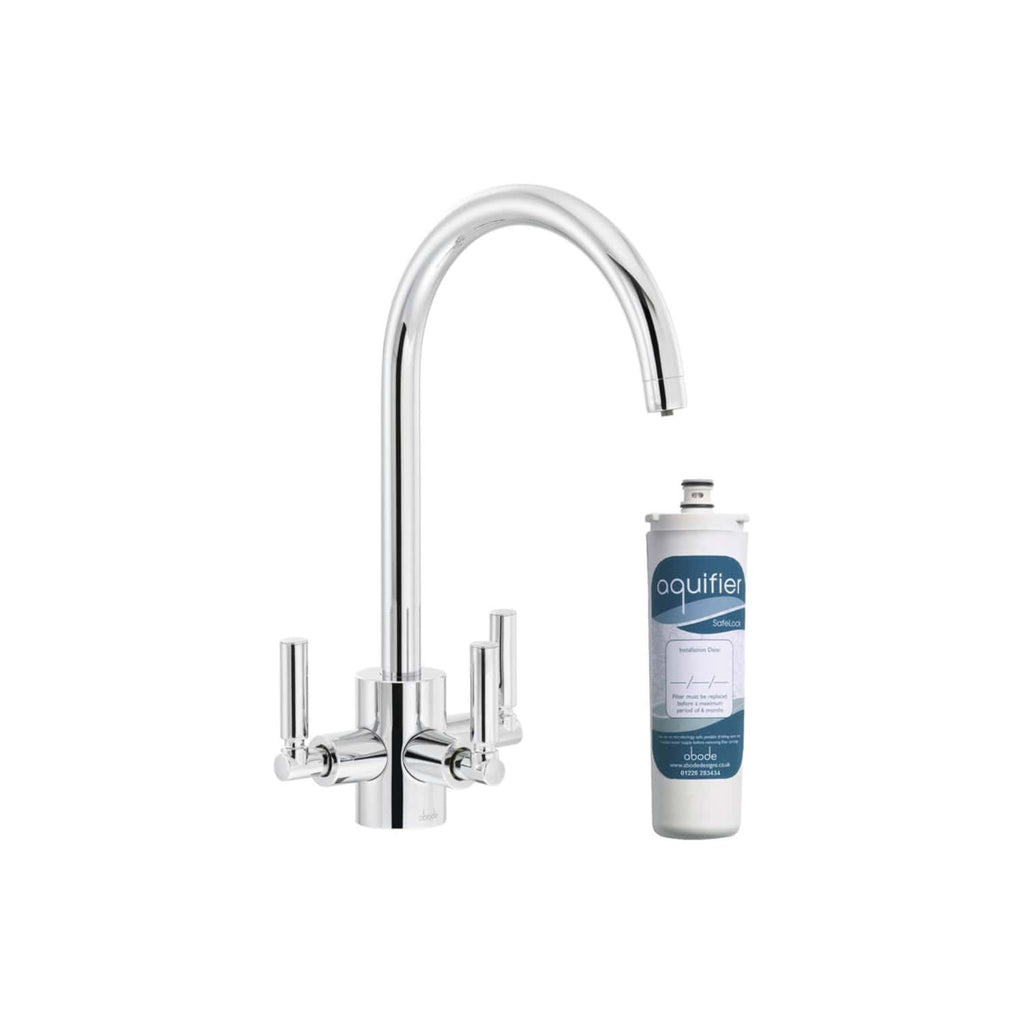 Modern chrome kitchen tap with Aquifier water filter cartridge for clean, fresh drinking water; ideal for kitchens and bathrooms.