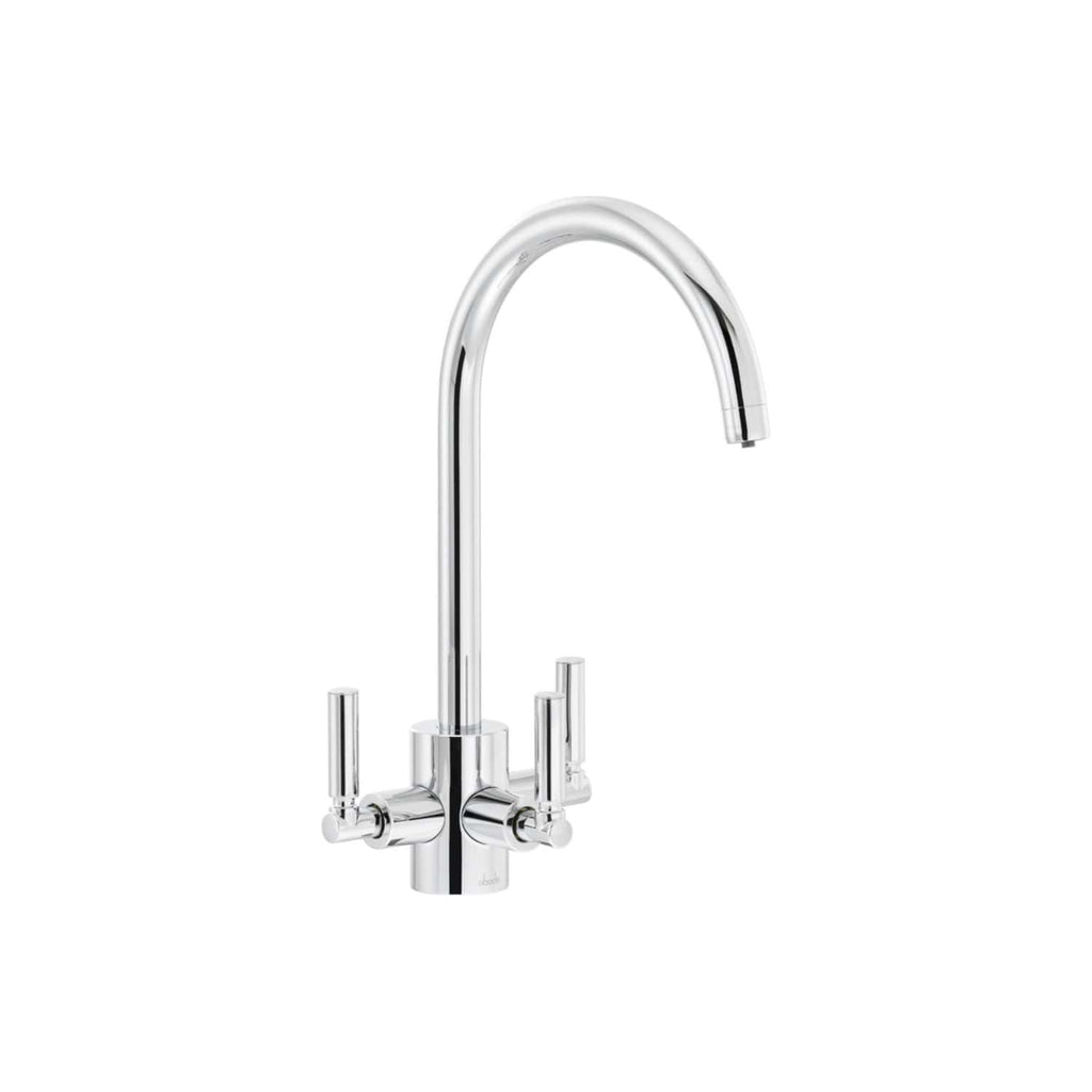 Shiny chrome kitchen tap with dual handles and high-arc spout, modern design by Bubly Bathrooms. Perfect for contemporary kitchens, offering durability and easy water control.