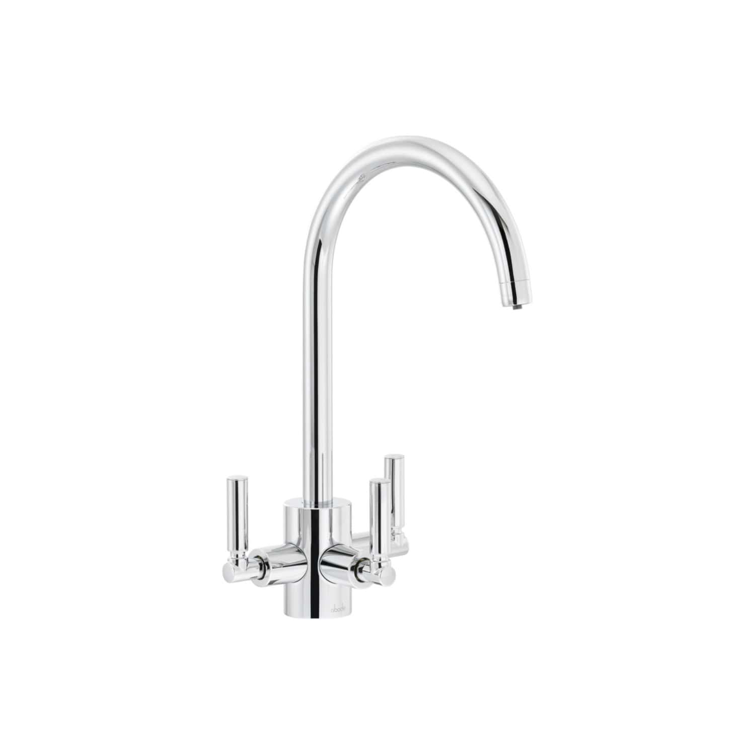 Shiny chrome kitchen tap with dual handles and high-arc spout, modern design by Bubly Bathrooms. Perfect for contemporary kitchens, offering durability and easy water control.