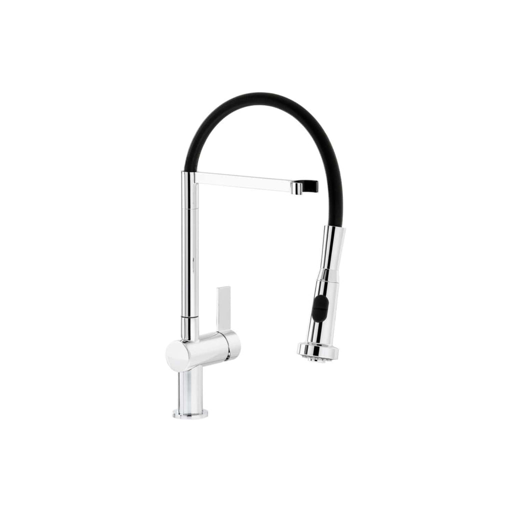Sleek modern kitchen tap with a contemporary black and chrome finish, featuring a flexible spout and adjustable spray head for versatile kitchen use. Perfect for stylish kitchen renovations.