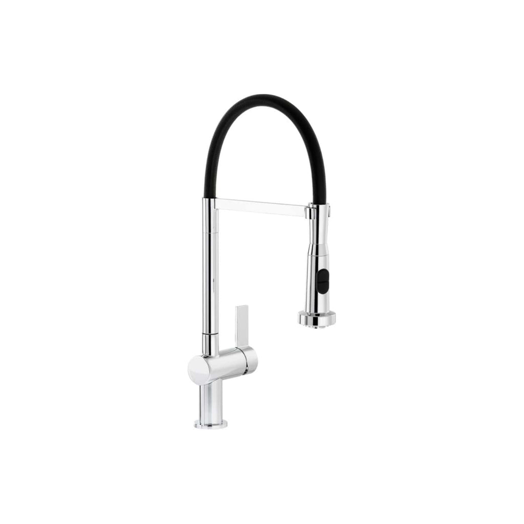 Sleek modern kitchen tap with black flexible hose and chrome finish, suitable for everyday use in contemporary bathrooms and kitchens.