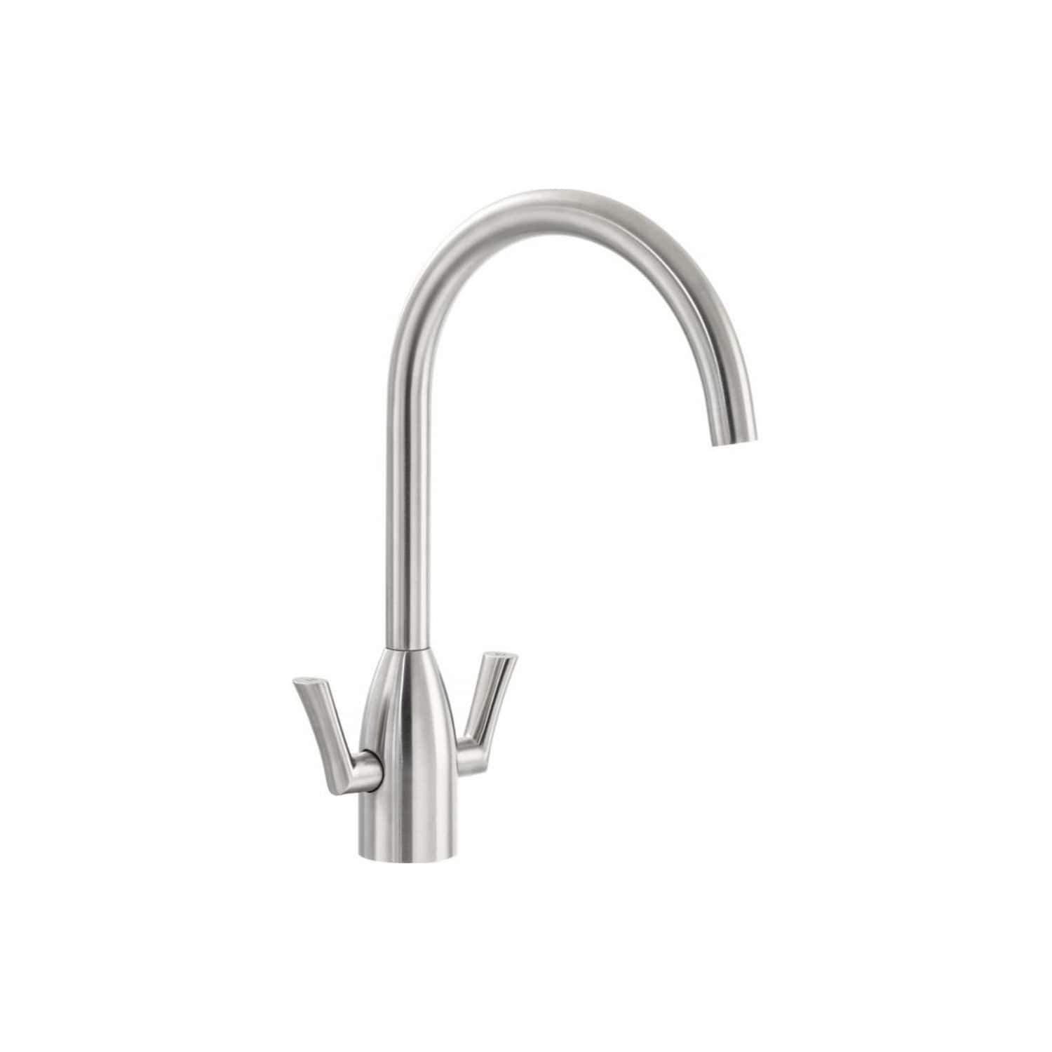 Sleek stainless steel kitchen tap with dual lever handles and a high-arc spout, ideal for modern bathrooms and kitchens, featuring durable, easy-to-clean construction.