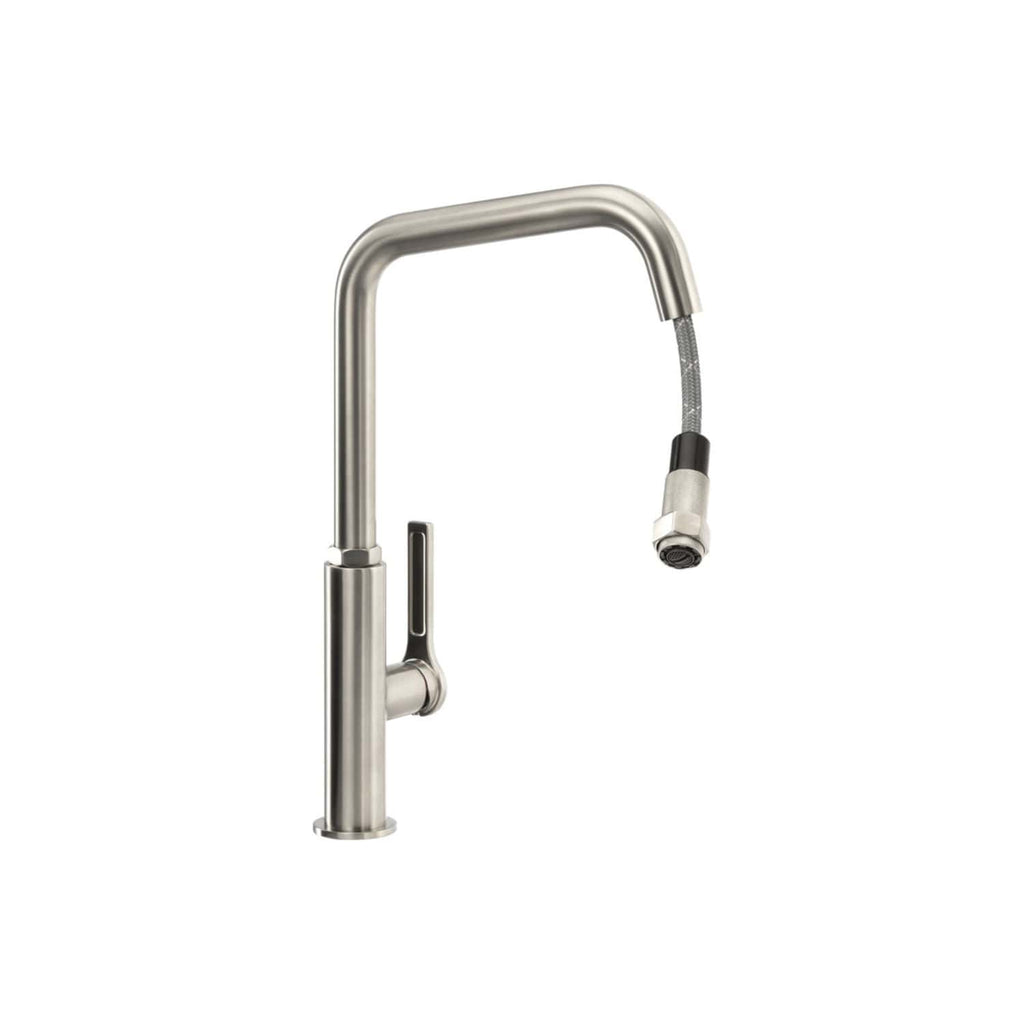 Modern brushed stainless steel kitchen tap with pull-out spray head, ideal for contemporary bathroom or kitchen renovations. Durable, sleek design for easy water control.