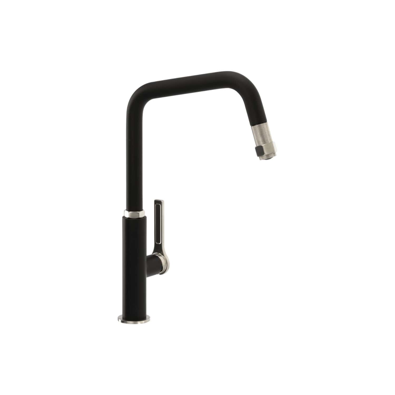 Sleek black kitchen tap with a modern curved design, featuring a single lever handle for easy water control, ideal for contemporary bathroom or kitchen renovations.
