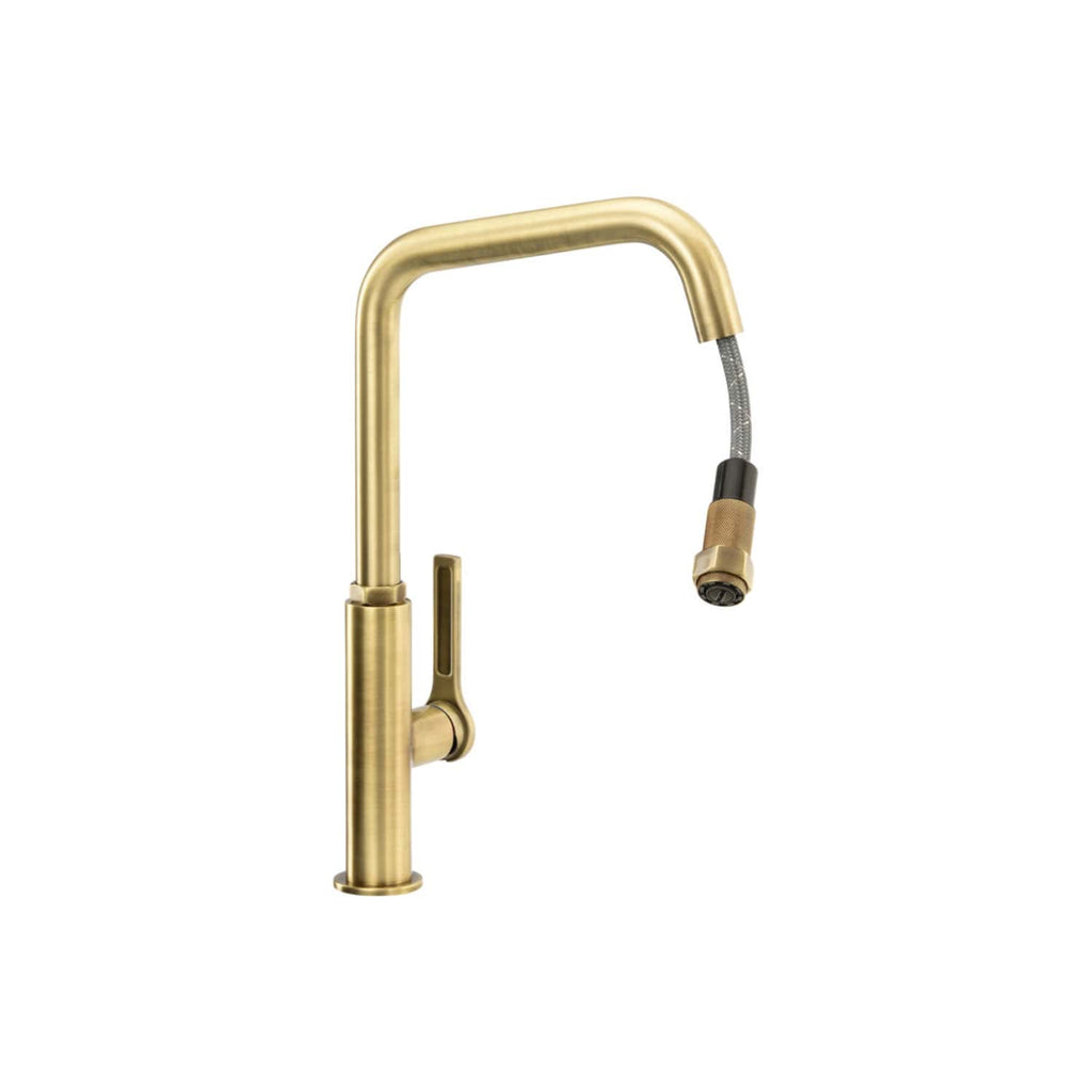 Brass kitchen or bathroom tap with flexible hose extension, modern design. Perfect for stylish and functional kitchen or bathroom sink upgrades.