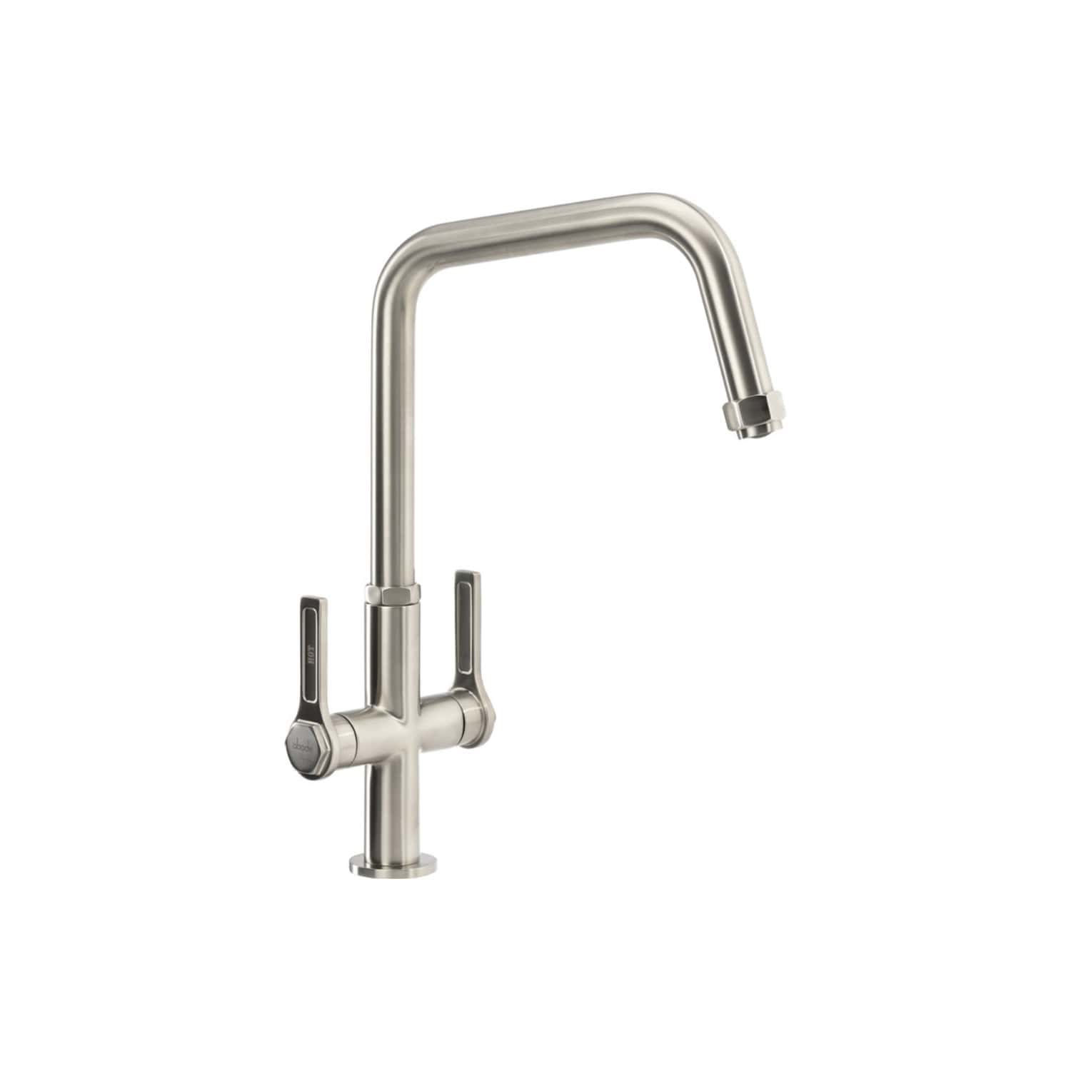 Shiny stainless steel kitchen tap with dual levers and high-arc spout, ideal for modern bathrooms or kitchens, offering durability and elegant design.