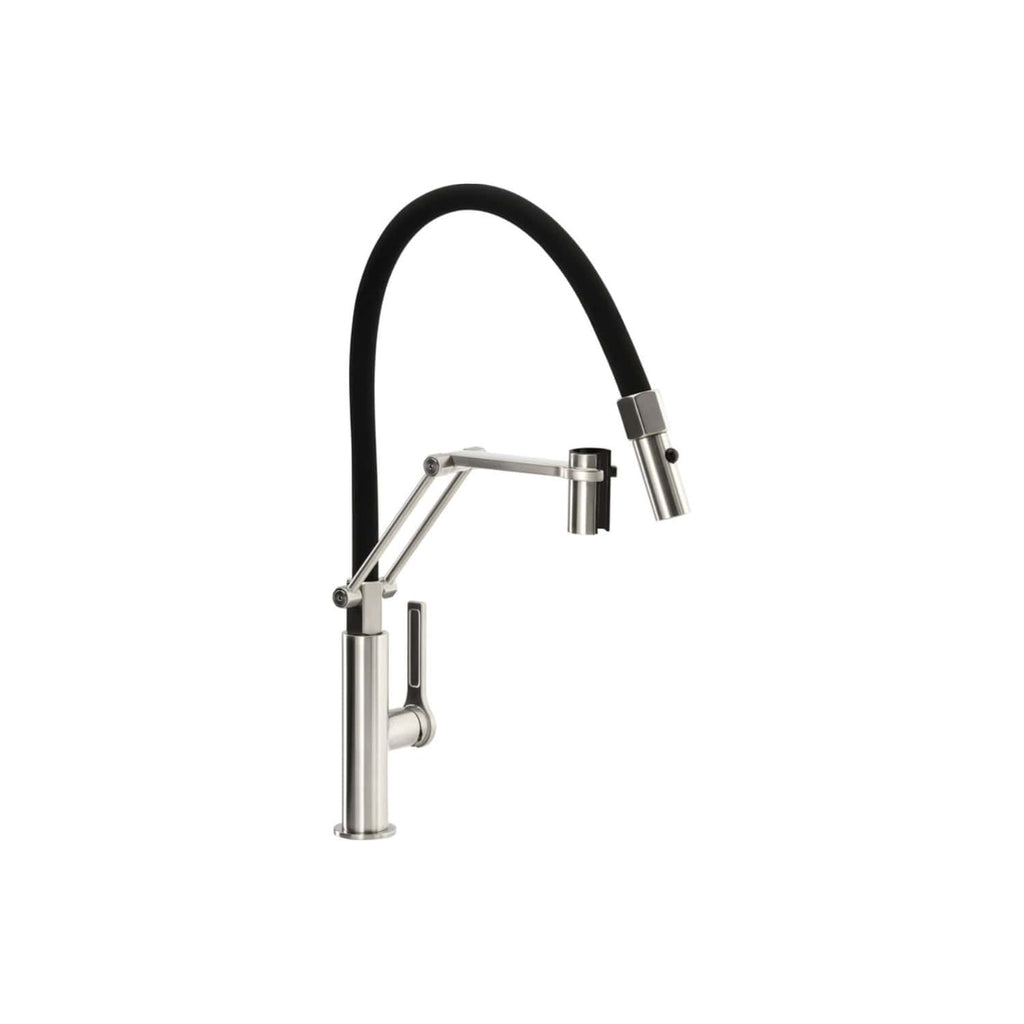 Sleek modern kitchen faucet with a black flexible hose and stainless steel finish, perfect for stylish and functional bathroom or kitchen sink installations.