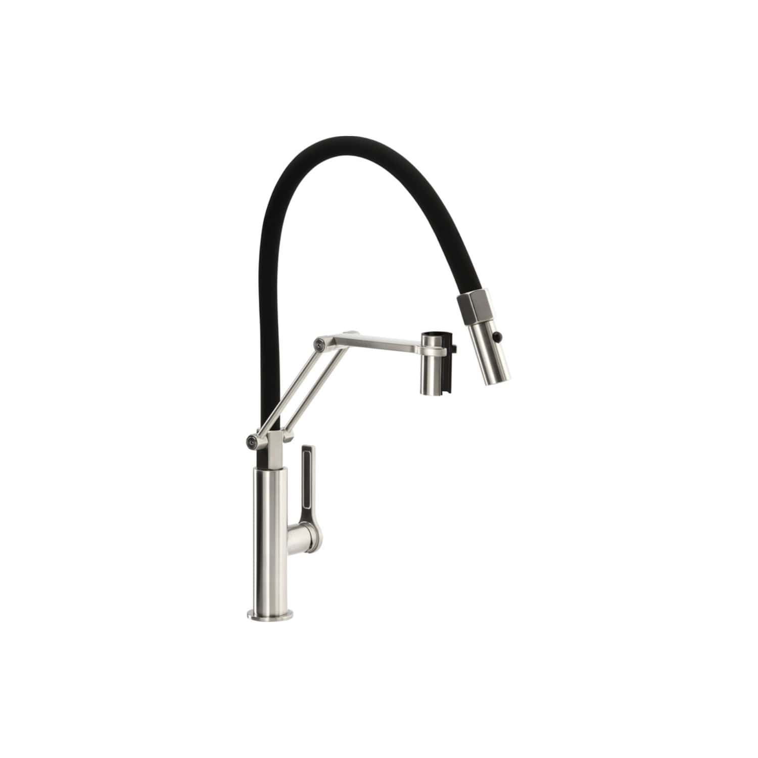 Sleek modern kitchen faucet with a black flexible hose and stainless steel finish, perfect for stylish and functional bathroom or kitchen sink installations.