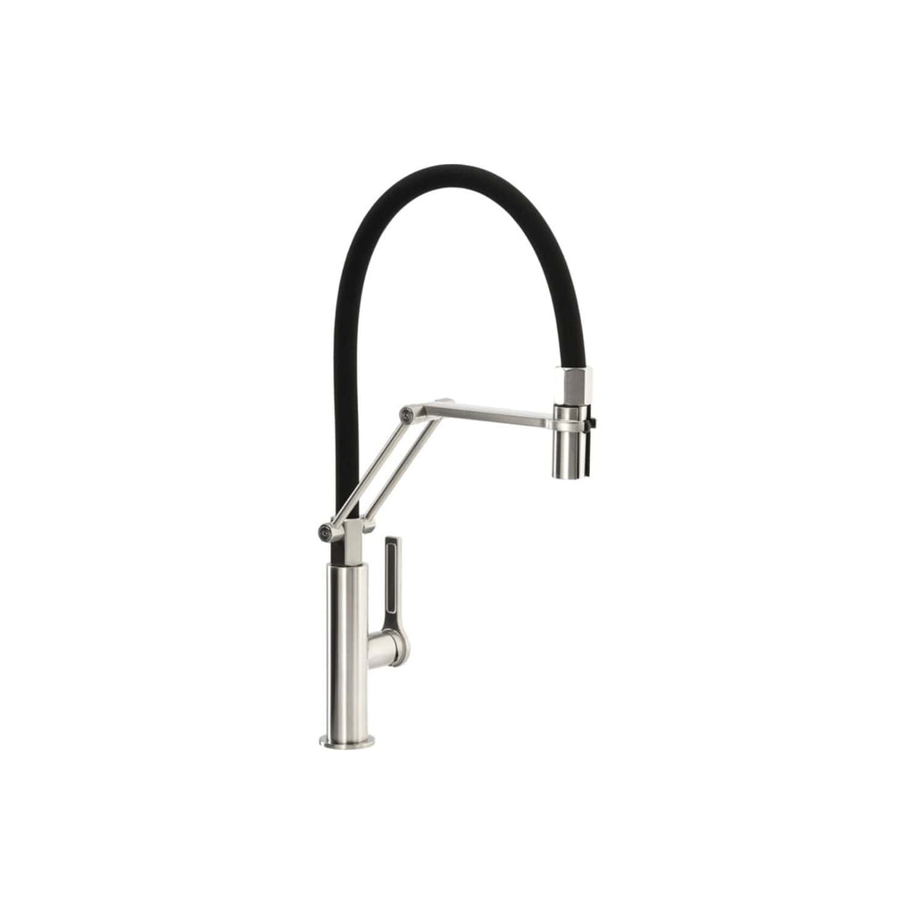 Sleek modern kitchen faucet with flexible black hose and stainless steel finish, ideal for contemporary bathroom or kitchen renovations.