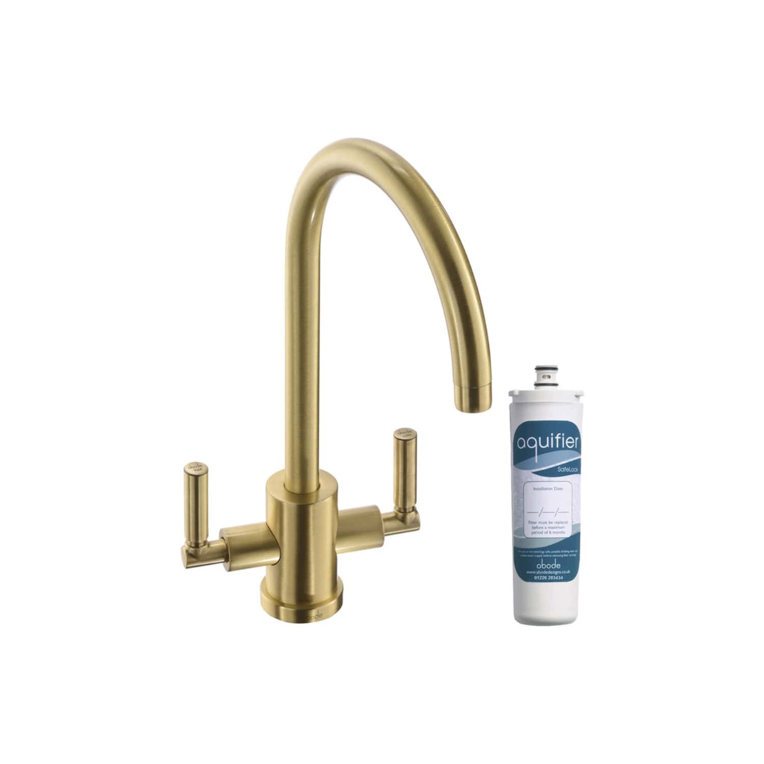 Brass kitchen faucet with integrated water filter system, modern design, and single lever control, ideal for contemporary bathrooms and kitchens.