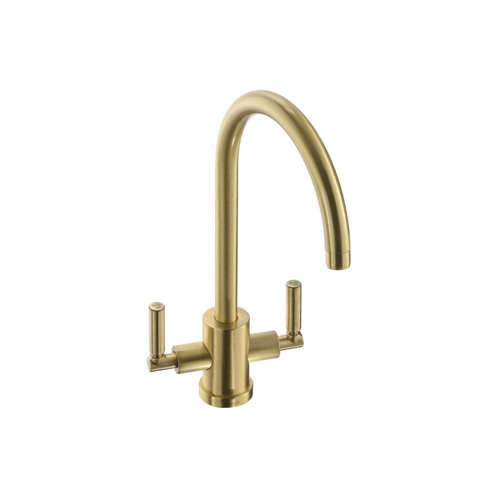 Polished gold kitchen tap with dual handles and high-arc spout, ideal for modern bathrooms and kitchens, blending style and functionality.