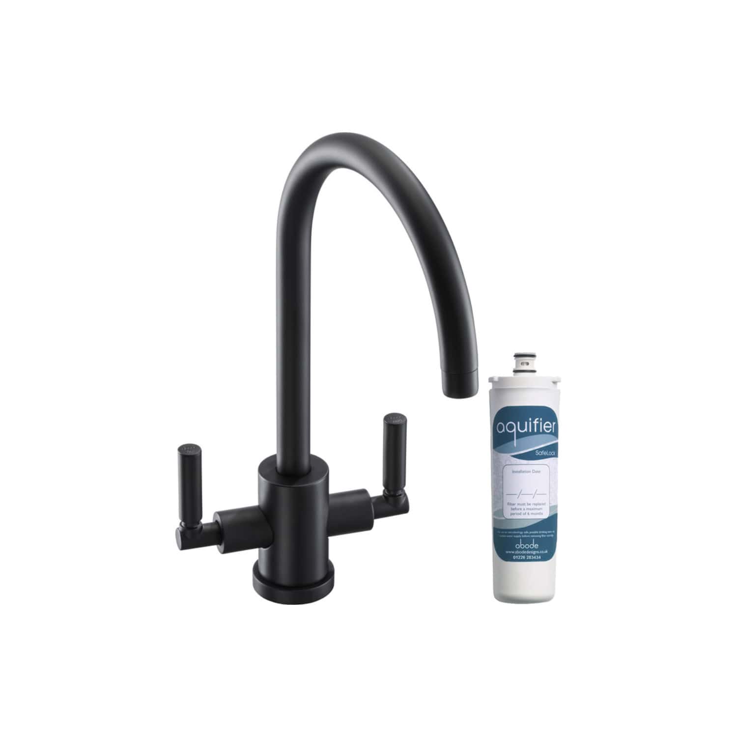 Frosted black kitchen mixer tap with pull-out spray and Aquifer water filter cartridge on a white background, ideal for modern bathrooms and kitchens.