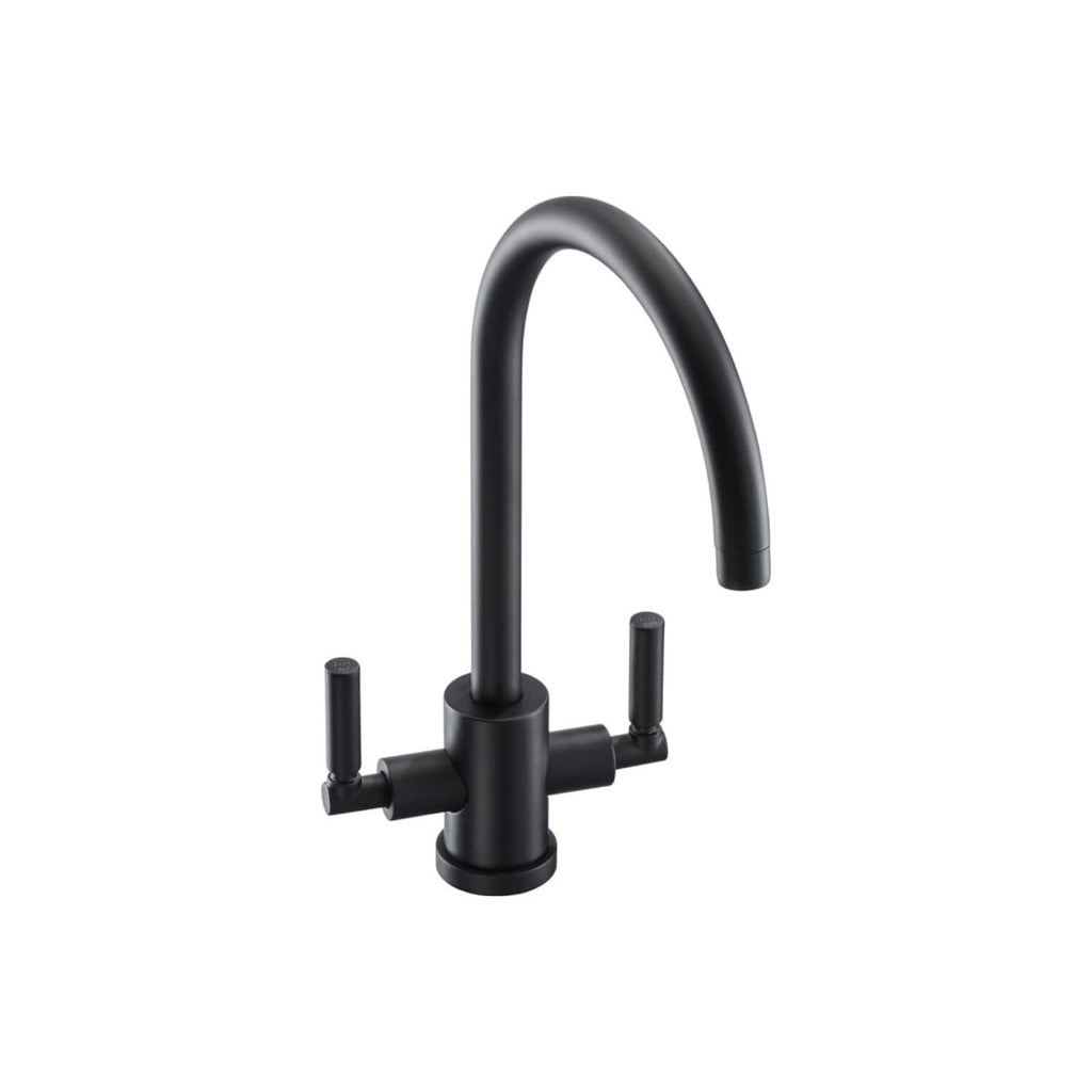 Black kitchen mixer tap with dual lever handles and high-arc spout, ideal for modern bathroom and kitchen renovations. Durable, matte finish for stylish functionality.
