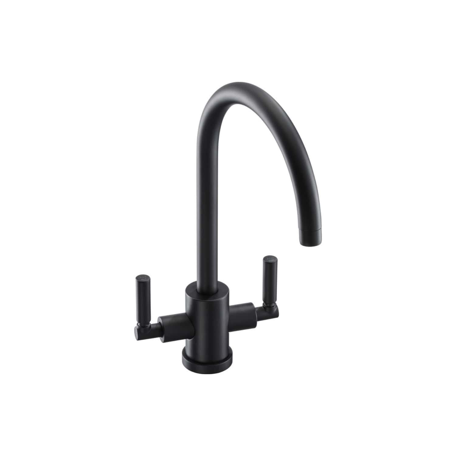 Black kitchen mixer tap with dual lever handles and high-arc spout, ideal for modern bathroom and kitchen renovations. Durable, matte finish for stylish functionality.