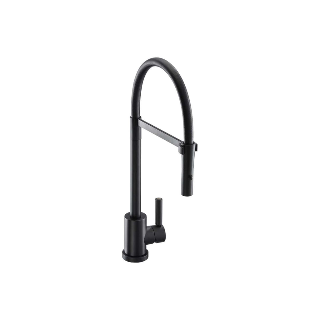 Sleek black kitchen tap with high-arc design, modern style, and pull-out spray function for versatile use in contemporary bathrooms and kitchens.