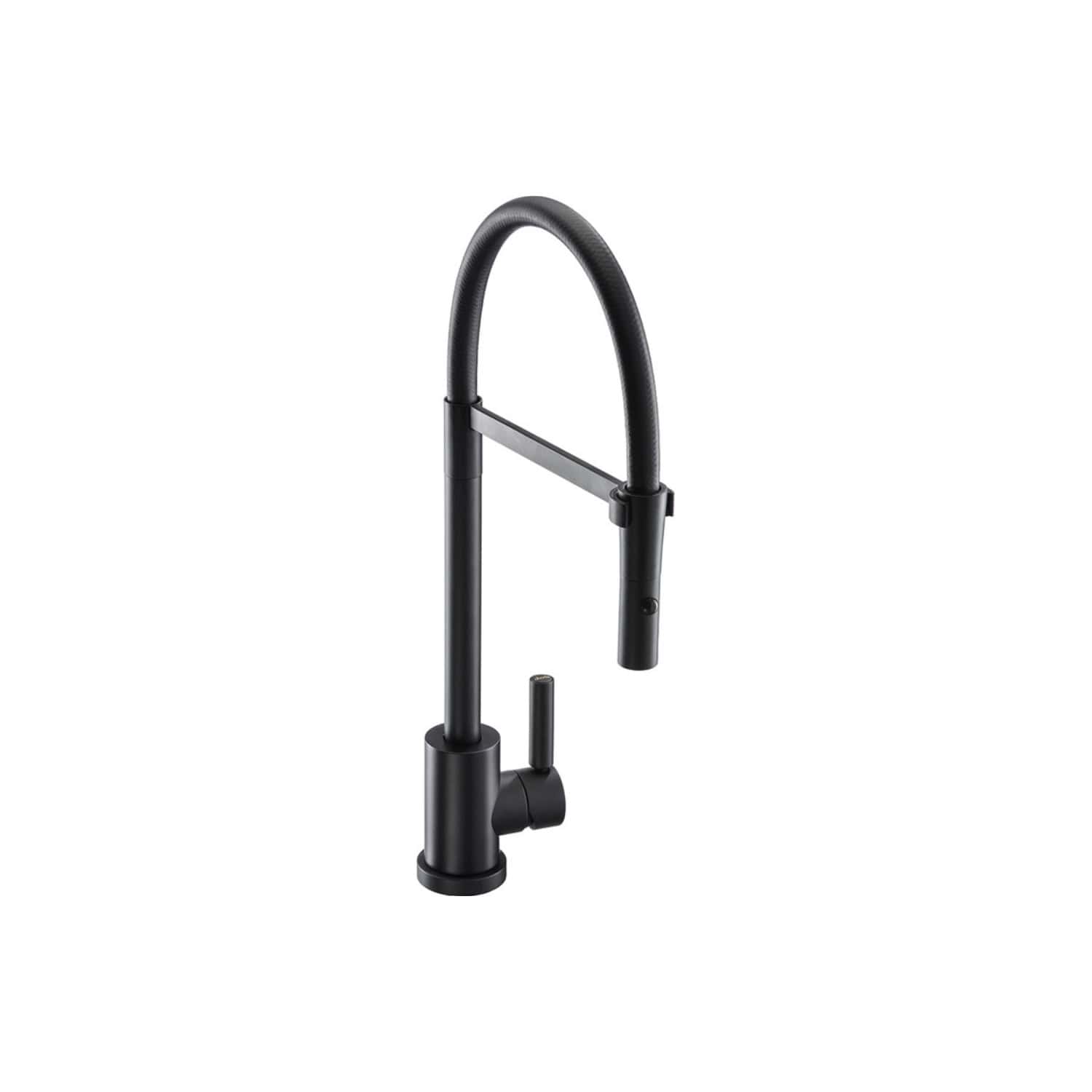 Sleek black kitchen tap with high-arc design, modern style, and pull-out spray function for versatile use in contemporary bathrooms and kitchens.