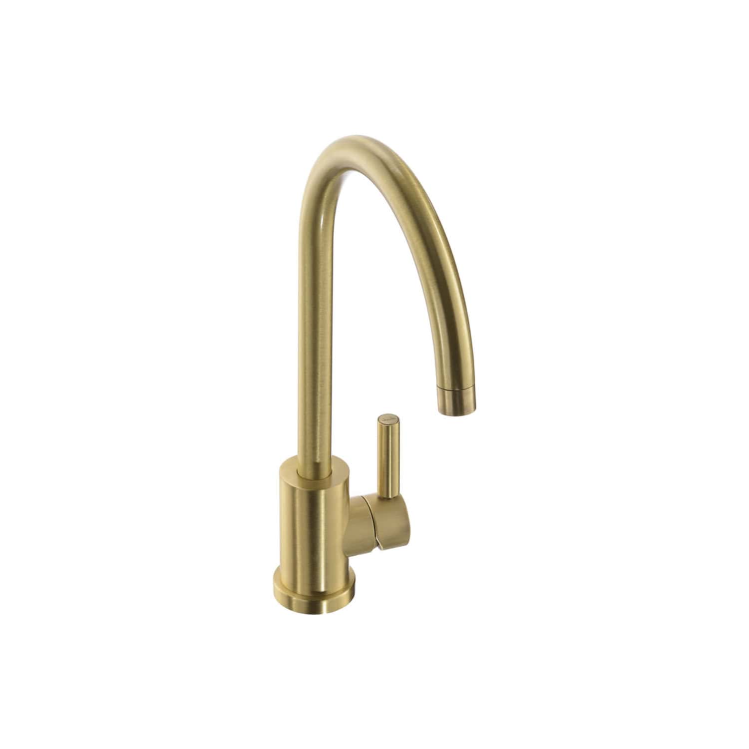 Shiny gold modern kitchen tap with high-arc spout and single lever handle for stylish bathroom or kitchen renovation. Durable brass construction with a sleek, contemporary finish.