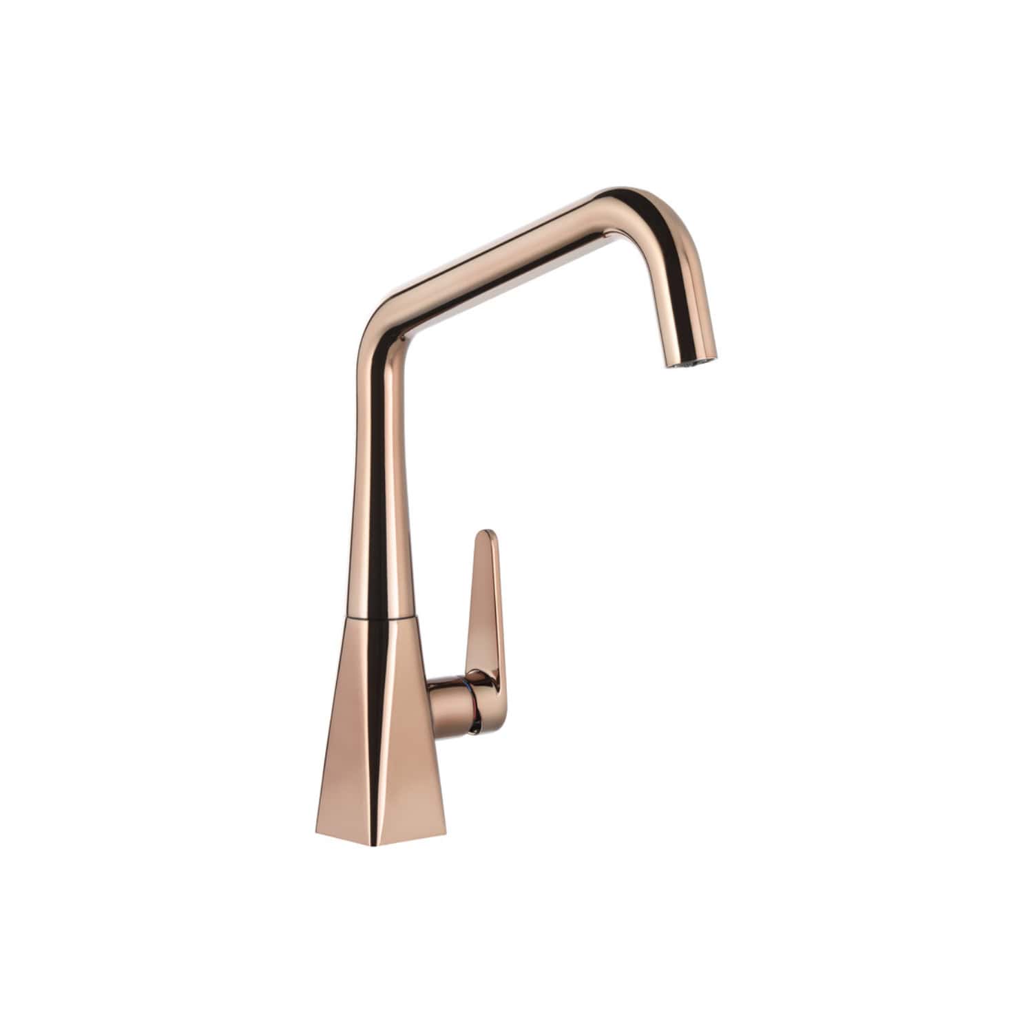Sleek rose gold bathroom tap with modern design, ideal for luxurious kitchen or basin installations, featuring a high-arc spout and single lever control for elegant water flow management.