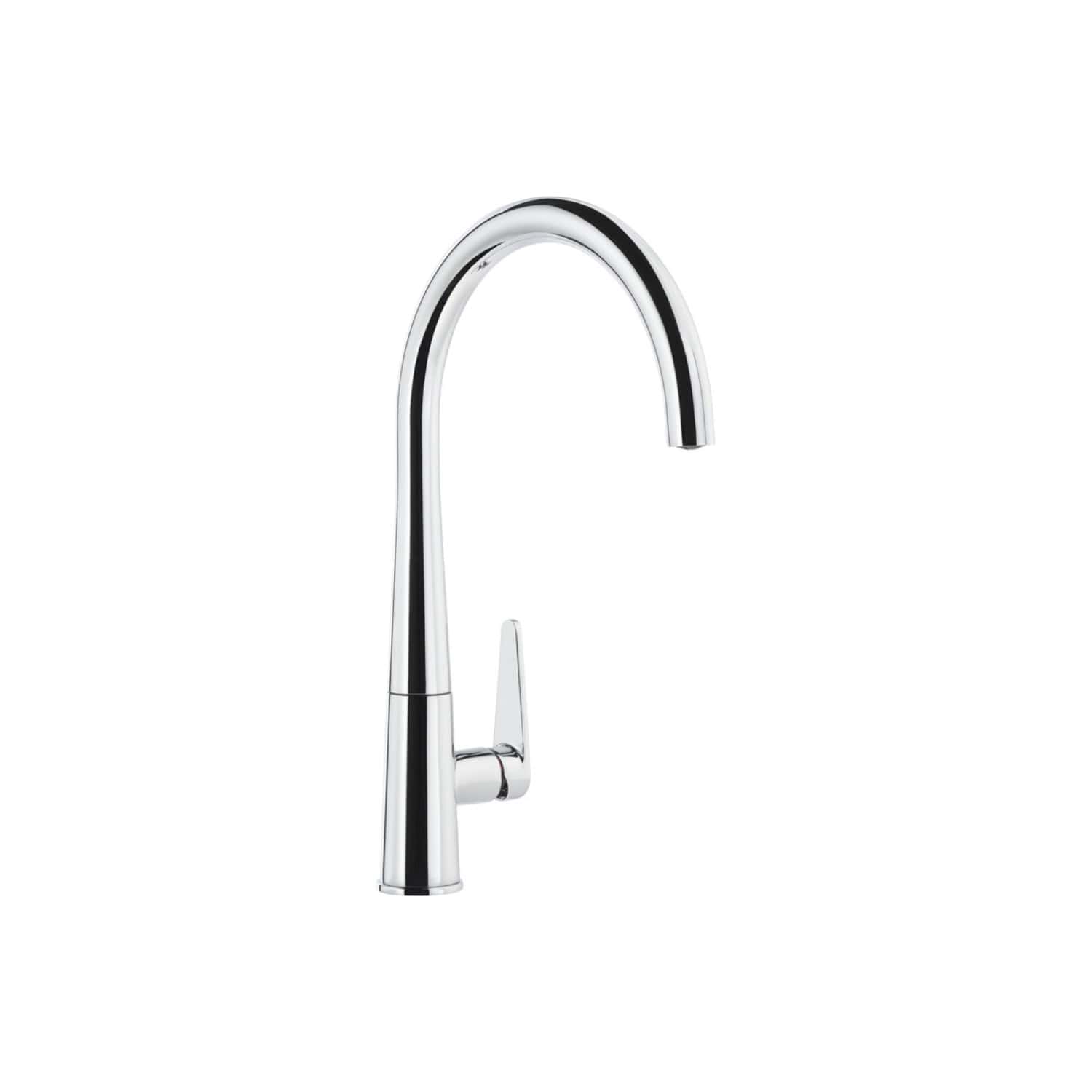Sleek modern chrome kitchen tap with high arch spout and single lever design, ideal for contemporary bathrooms and kitchens. Perfect for stylish and functional water fixtures.