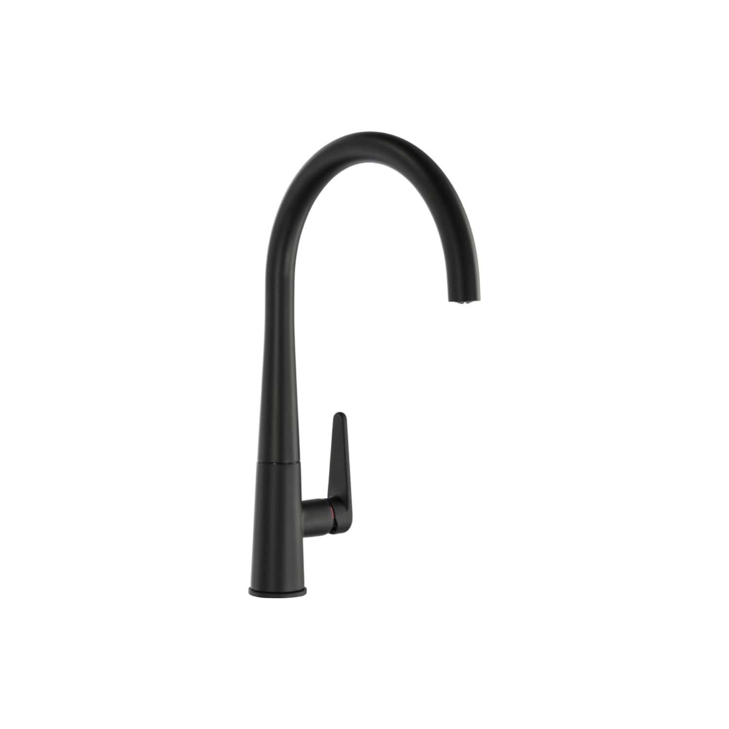 Sleek black kitchen tap with high-arc design, modern lever handle, ideal for contemporary bathrooms and kitchens, delivering filtered water with stylish functionality.