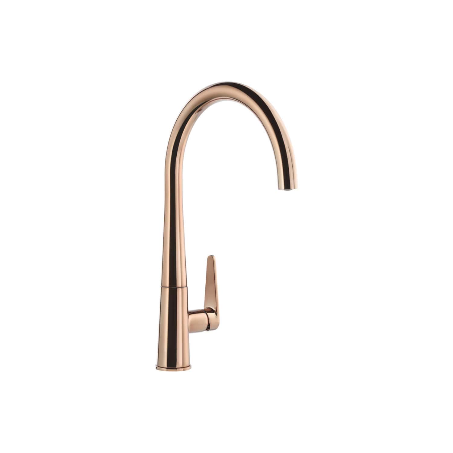 Shiny rose gold kitchen tap with high-arc spout and single lever handle, modern and stylish design for contemporary bathrooms or kitchens.