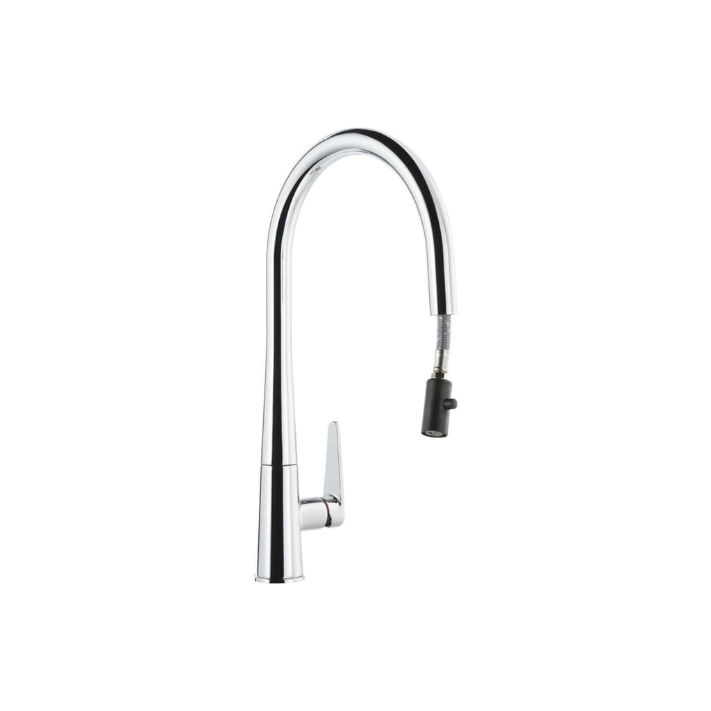 Modern chrome kitchen tap with pull-out sprayer for easy cleaning and versatility. Perfect for contemporary bathrooms and kitchens, combining style with functionality.