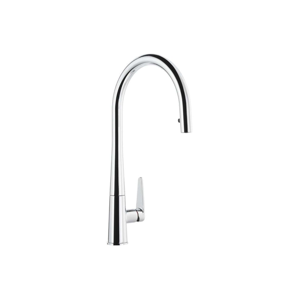 Sleek chrome kitchen tap with high-arc spout, ideal for modern bathrooms and kitchens, offering durability and easy cleaning in contemporary home interiors.