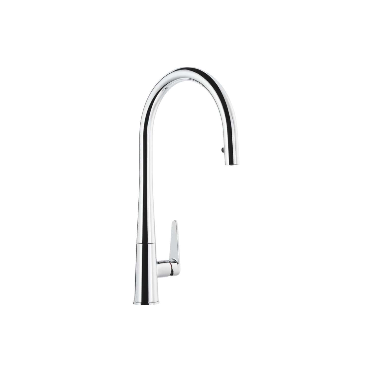 Sleek chrome kitchen tap with high-arc spout, ideal for modern bathrooms and kitchens, offering durability and easy cleaning in contemporary home interiors.