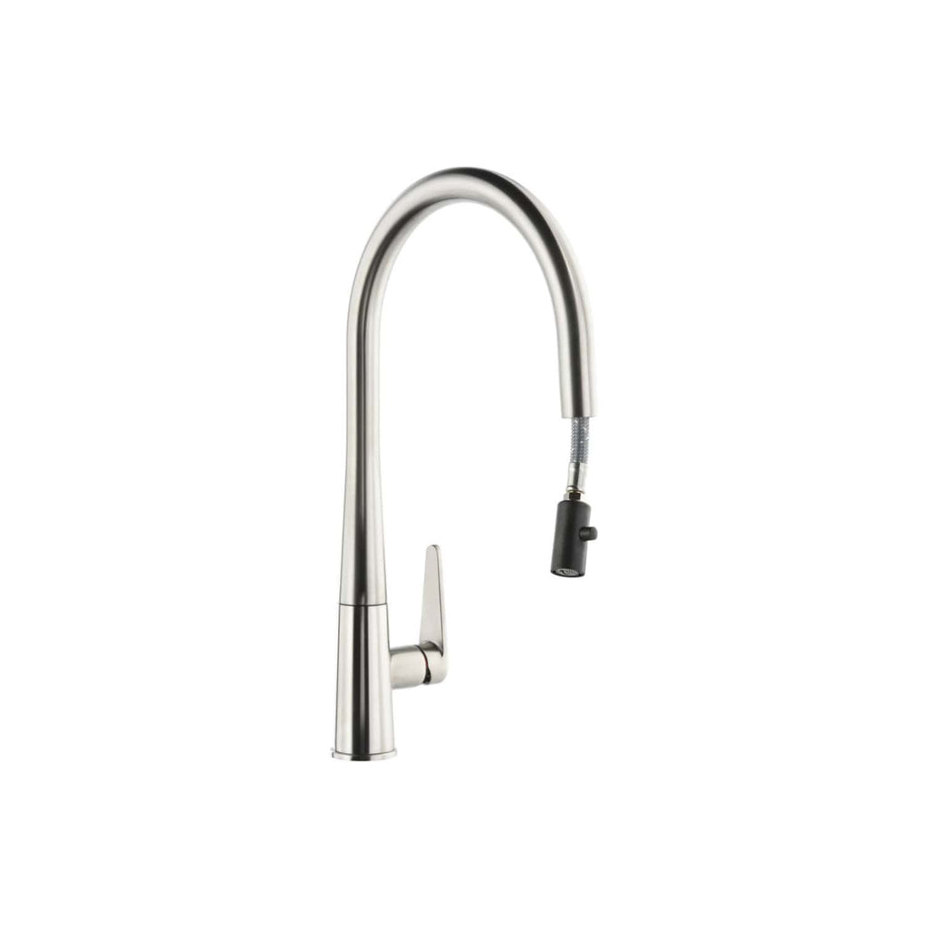 Sleek stainless steel kitchen tap with high-arc spout and pull-out spray for modern bathrooms and kitchens. Durable, stylish, perfect for contemporary plumbing needs.