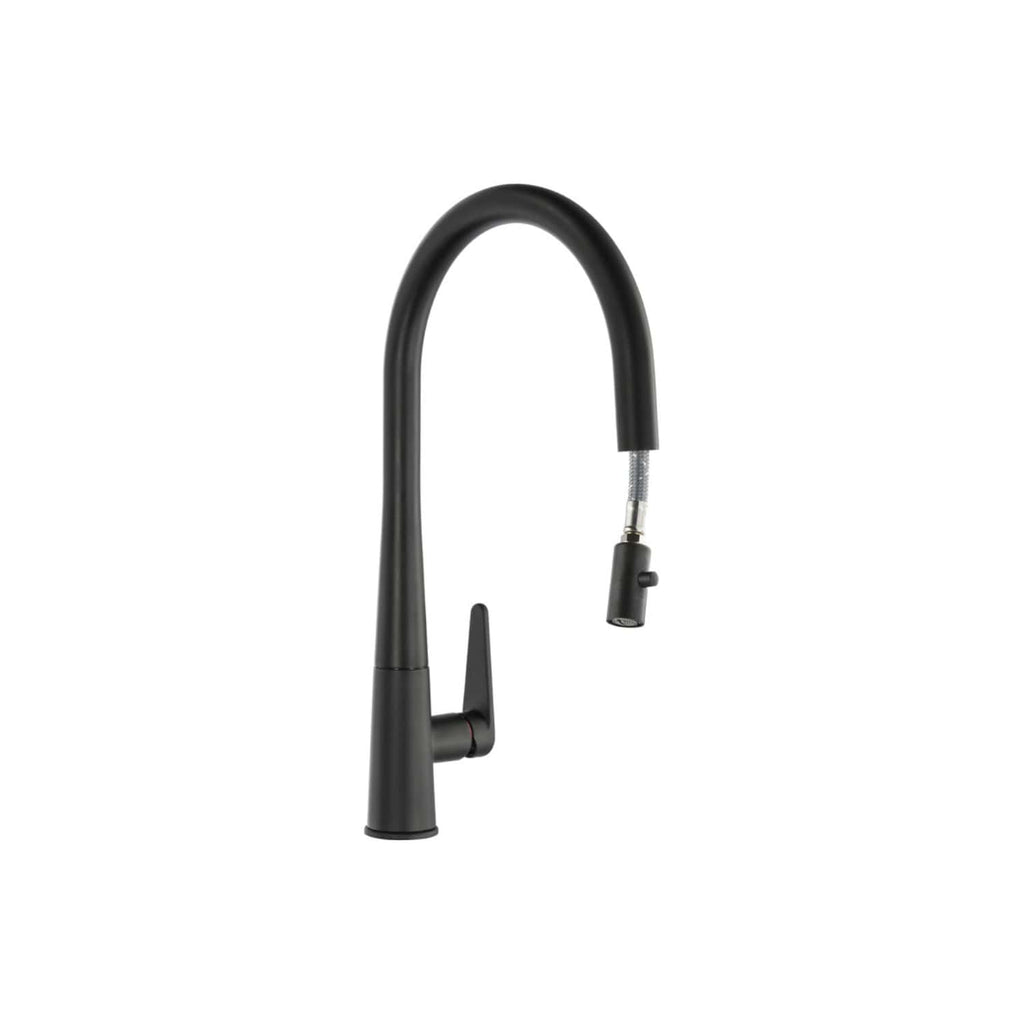 Sleek black kitchen tap with high-arching spout, pull-out spray, and modern design suitable for contemporary bathroom or kitchen renovations. Perfect for stylish, functional spaces.
