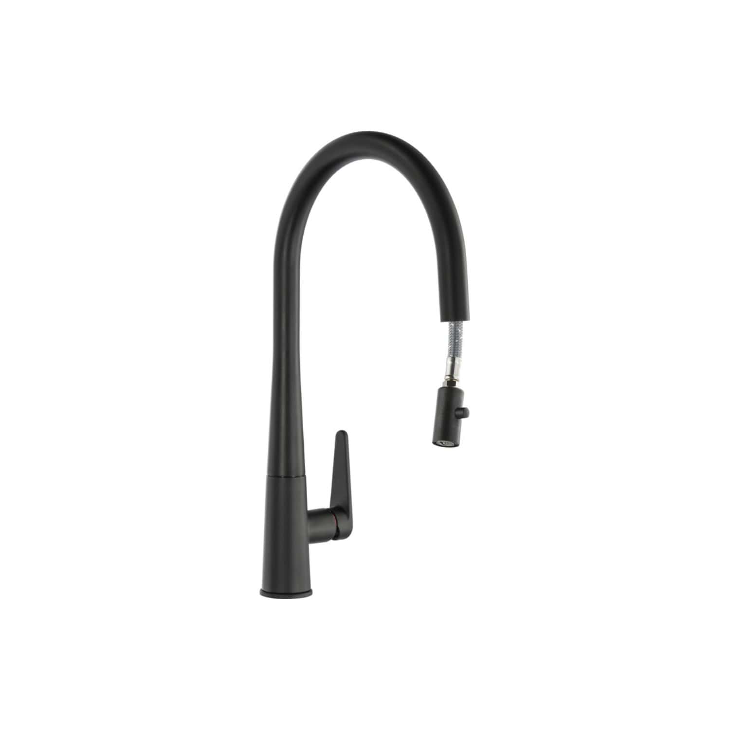 Sleek black kitchen tap with high-arching spout, pull-out spray, and modern design suitable for contemporary bathroom or kitchen renovations. Perfect for stylish, functional spaces.